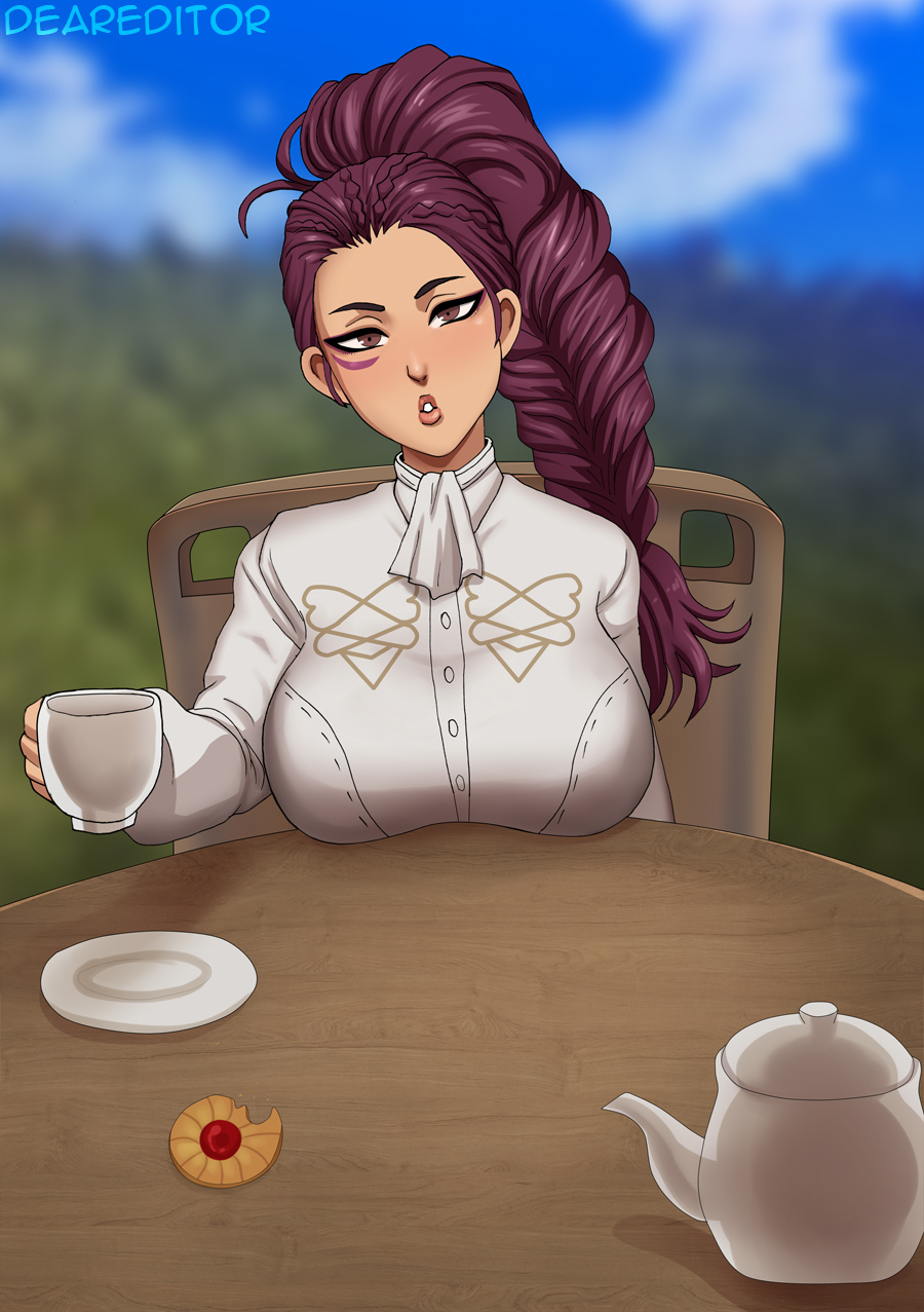 1girls braid braided_ponytail brown_eyes casual chair cup deareditor facial_mark fire_emblem fire_emblem:_three_houses fully_clothed garreg_mach_monastery_uniform large_breasts long_hair looking_at_viewer nintendo petra_macneary ponytail purple_hair solo table tea_time teacup teatime