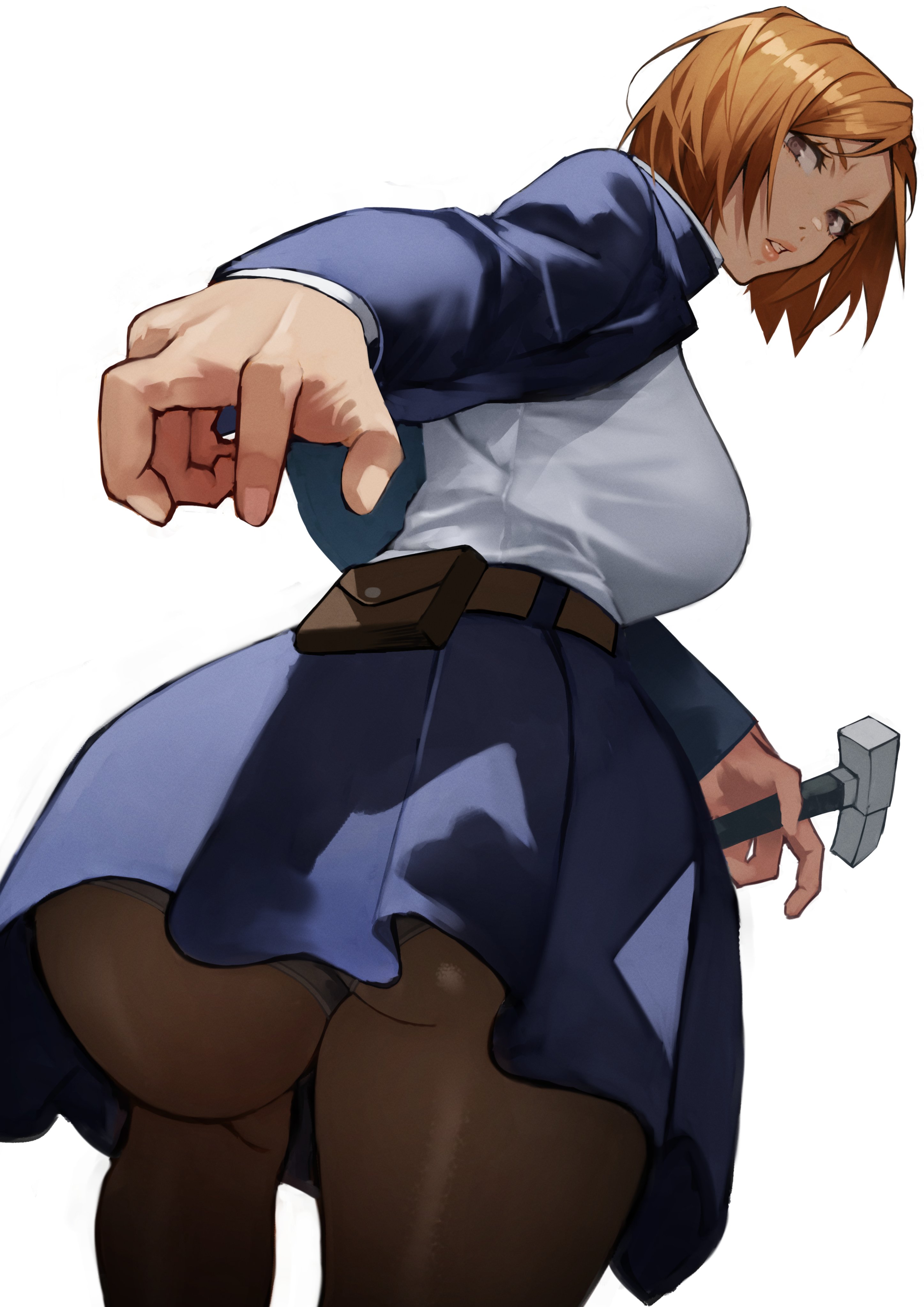 1girls, ass, brown eyes, brown hair, brown-haired female, bubble ass, bubble butt, chin length hair, eyelashes, female, ginger, huge ass, huge butt, jujutsu kaisen, kugisaki nobara, light skin, medium hair, pantyhose, plain background, see-through, see-through clothing, short hair, skirt, student, upskirt, viewed from below, white background, yoshi55level