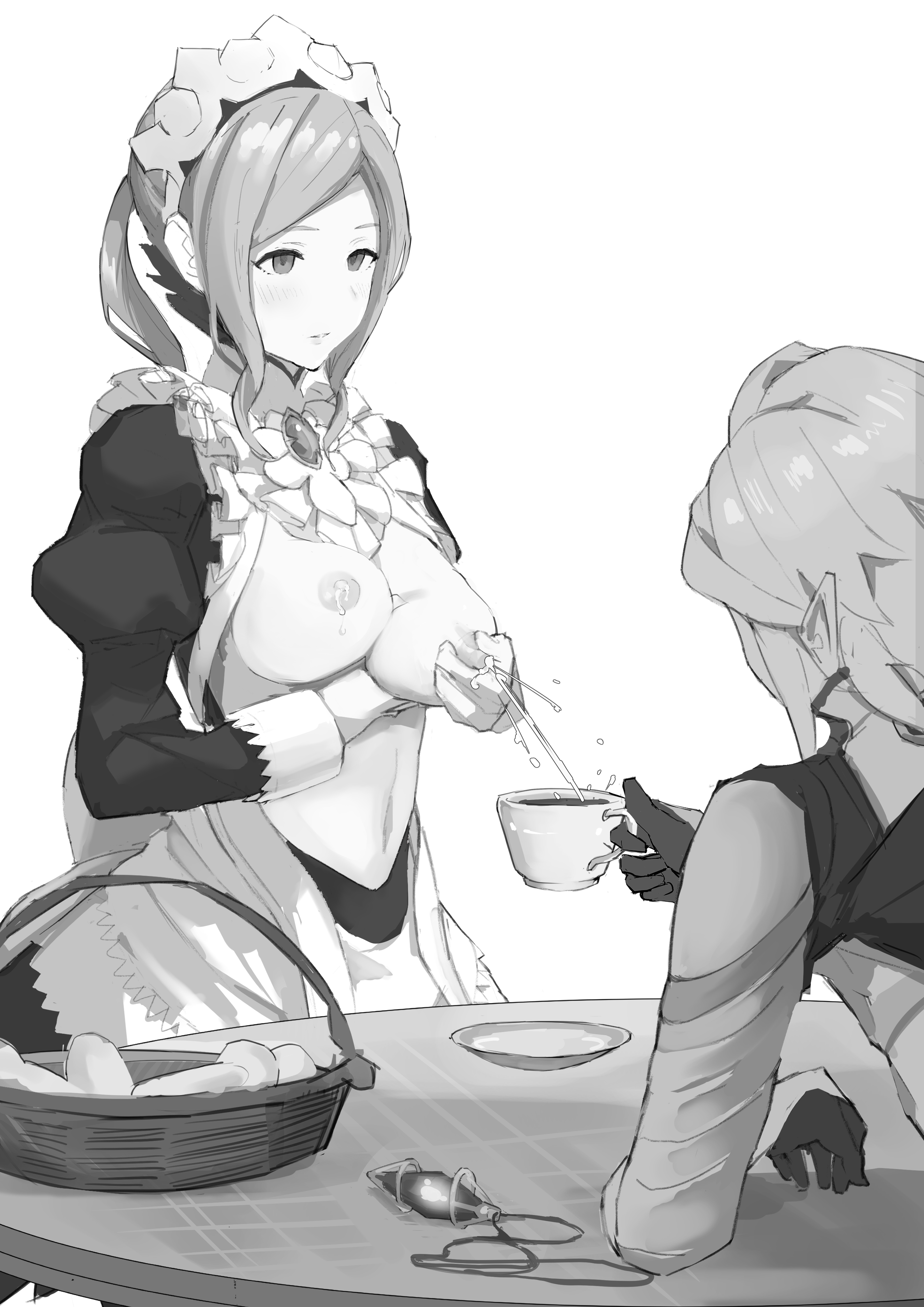 1boy, 1girls, big breasts, blank eyes, blush, blushing, breasts, breasts out, corrin (fire emblem), corrin (fire emblem) (male), emotionless, empty eyes, expressionless, female, fire emblem, fire emblem fates, flora (fire emblem), greyscale, lactating in cup, lactation, maid, male, mayonaka 030, milk, mind control, monochrome, nintendo, open shirt, sitting, squeezing breast, table, teacup