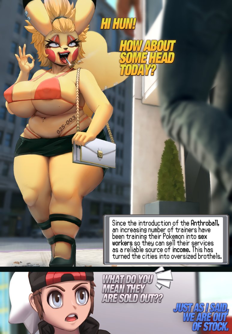 1boy 1girls anthro big_breasts bimbo blonde_hair breasts brendan_(pokemon) brendan_(pokemon_oras) caught_in_pokeball curvy_figure large_breasts makeup nintendo picturd pikachu pokemon pokemon_oras pokemon_rgby prostitution short_hair shortstack text thick_thighs thighs thong voluptuous wide_hips yellow_body