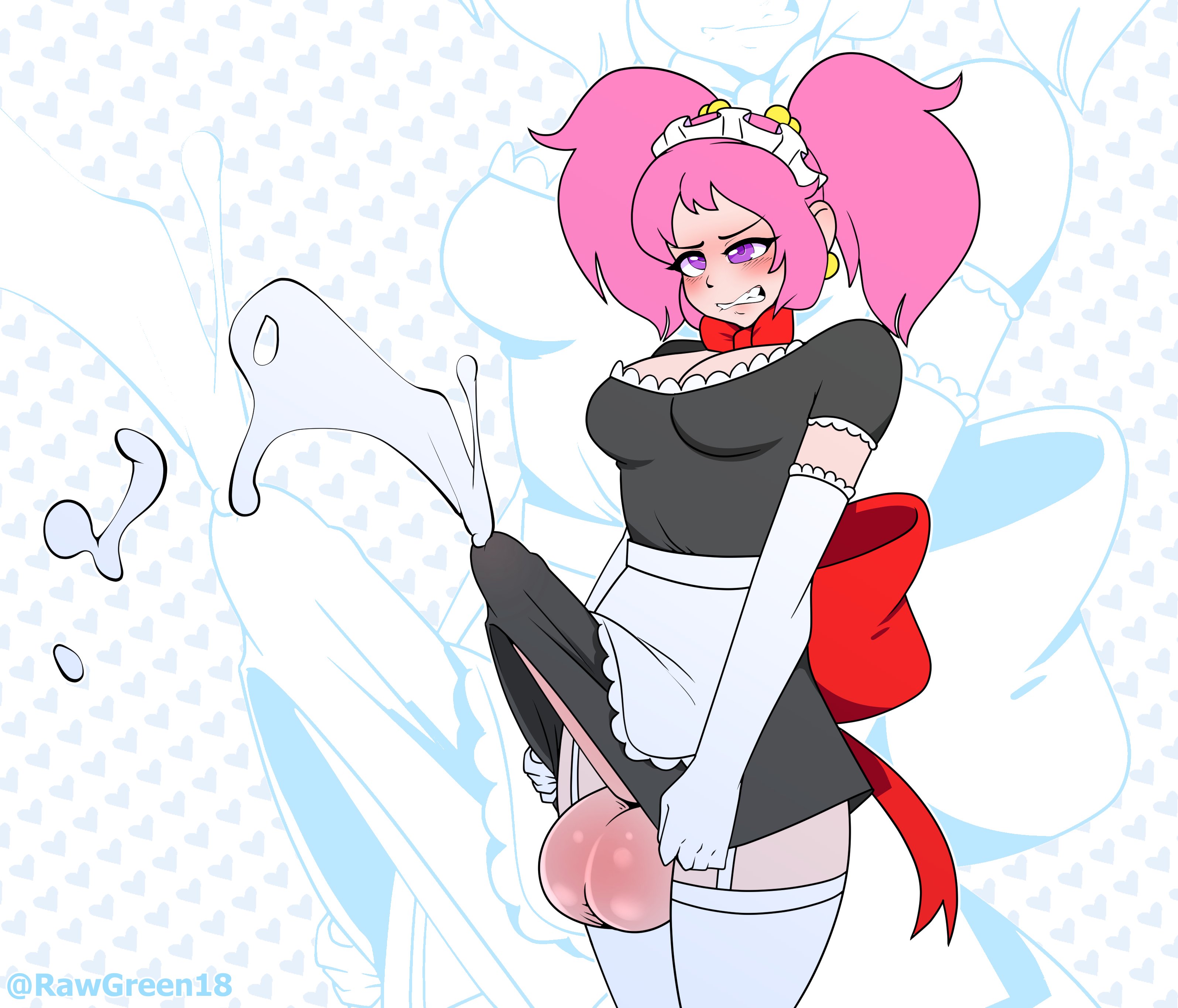 1futa, apron, balls, blush, bottomless skirt, bowtie, breasts, cleavage, clenched teeth, clothed, clothing, cum, cum through clothes, cumming, cumshot, digital media (artwork), dress bulge, dress lift, dress pull, dress pulled down, ejaculation, elbow gloves, erection, erection under clothes, erection under skirt, futa only, futanari, gloves, hands-free, handsfree ejaculation, holding down skirt, huge cock, human, hyper, hyper balls, hyper penis, intersex, large balls, large breasts, large testicles, long hair, maid, maid apron, maid headdress, maid uniform, mostly clothed, orgasm, orgasm without stimulation, penis, penis bulge, penis under clothes, penis under dress, penis under skirt, pink hair, purple eyes, rawgreen, ribbon, rolling eyes, skirt, solo, spontaneous ejaculation, spontaneous orgasm, standing, tenting, testicles, thick thighs, thighhighs, twintails, white apron, white background, wide hips