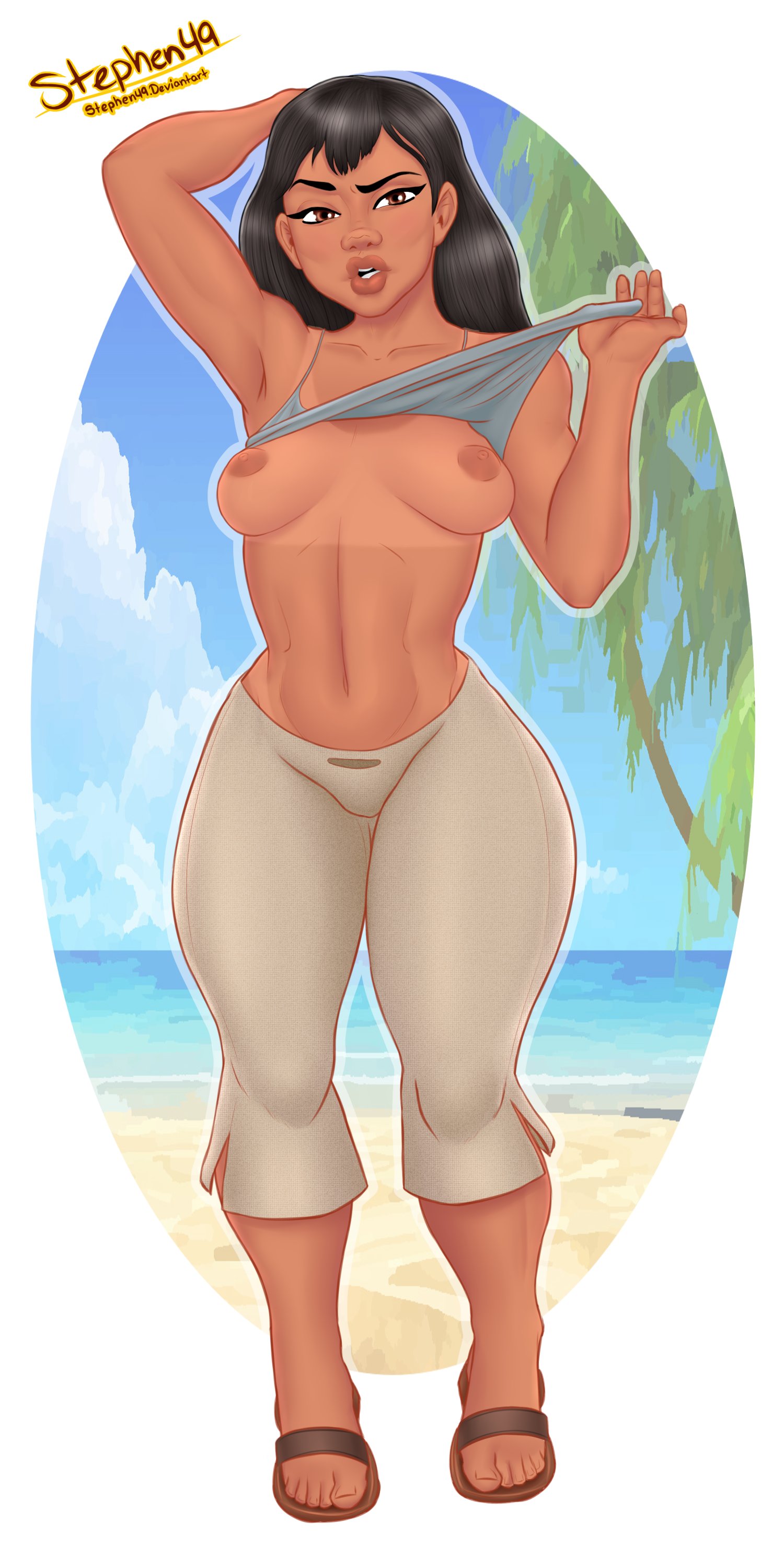 areolae, big breasts, black hair, breasts, brown eyes, busty, dark skin, dark-skinned female, disney, female, female focus, female only, full body, hourglass figure, lilo and stitch, long hair, nani pelekai, navel, nipples, nude, nude female, nudity, pinup, pinup pose, pose, posing, solo, stephen49, straight hair, tanline, voluptuous, wide hips