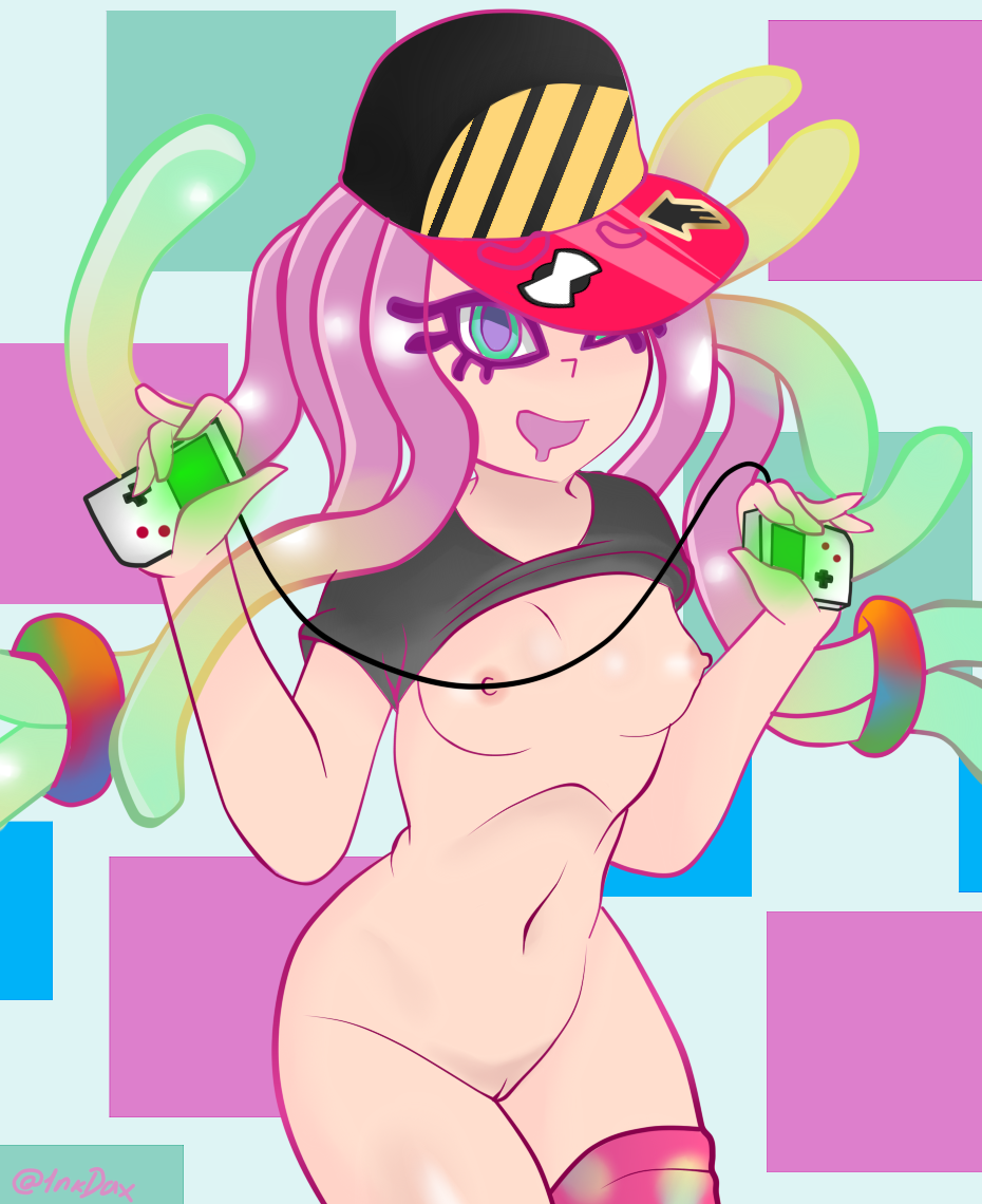 anemone bottomless bottomless_female breasts female female_focus female_only green_eyes harmony_(splatoon) hat long_hair looking_at_viewer multicolored_hair navel nintendo nipples open_mouth partially_clothed pussy rainbow_hair splatoon splatoon_2 the_chirpy_chips vagina