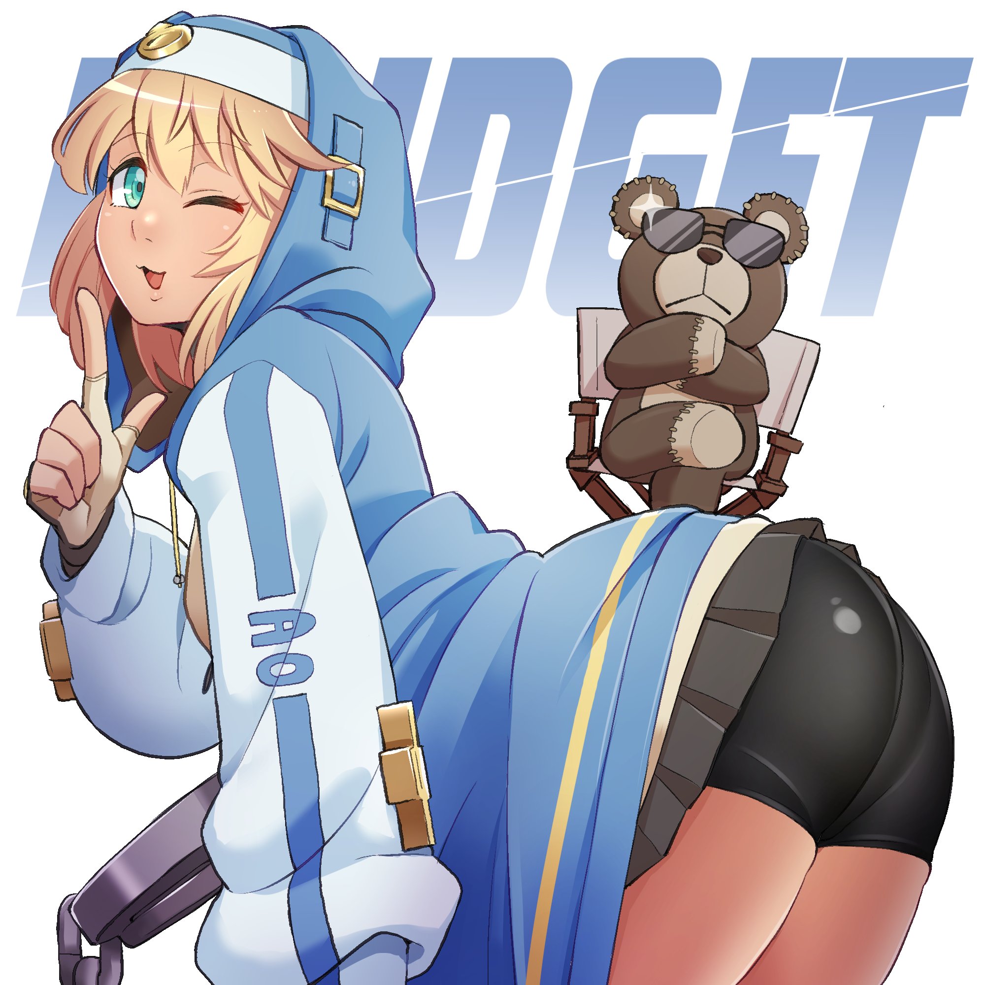 :3, :d, androgynous, ass, bangs, bike shorts, black gloves, black shorts, blonde hair, blue jacket, bridget, fingerless gloves, gloves, green eyes, guilty gear, guilty gear strive, jacket, jinko banana, leaning forward, male, male only, medium hair, one eye closed, open mouth, roger (guilty gear), shorts, simple background, smile, solo, sunglasses, white background