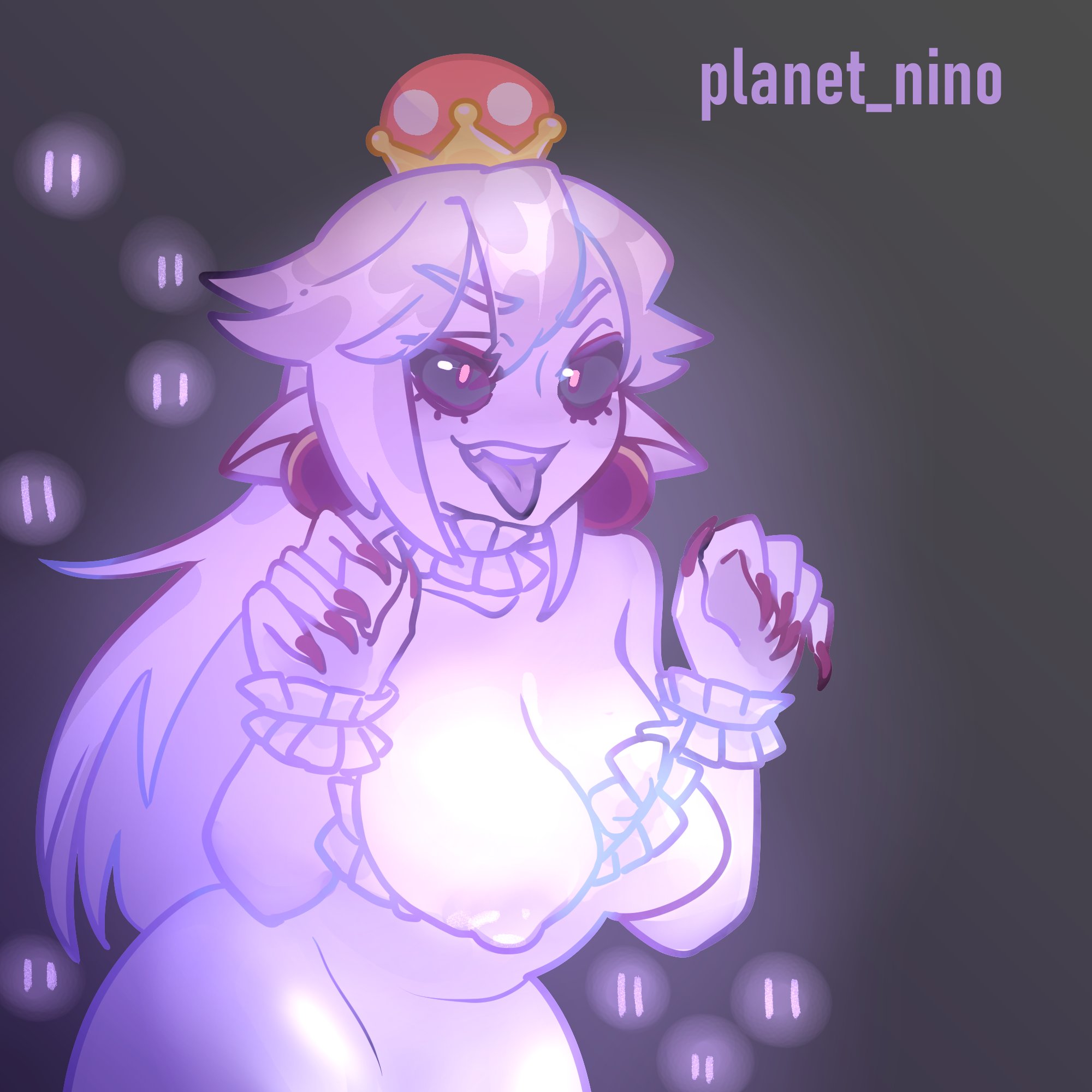 1girls, areolae, black sclera, boo (mario), boosette, breasts, clothed, clothing, female, female focus, ghost, ghost girl, glowing, glowing eyes, humanoid, long fingernails, long hair, looking at viewer, luigi's mansion, mario (series), mostly clothed, new super mario bros. u deluxe, nipples, one breast out, open mouth, planet nin, smile, solo, solo focus, standing, super crown, tongue, tongue out, white skin