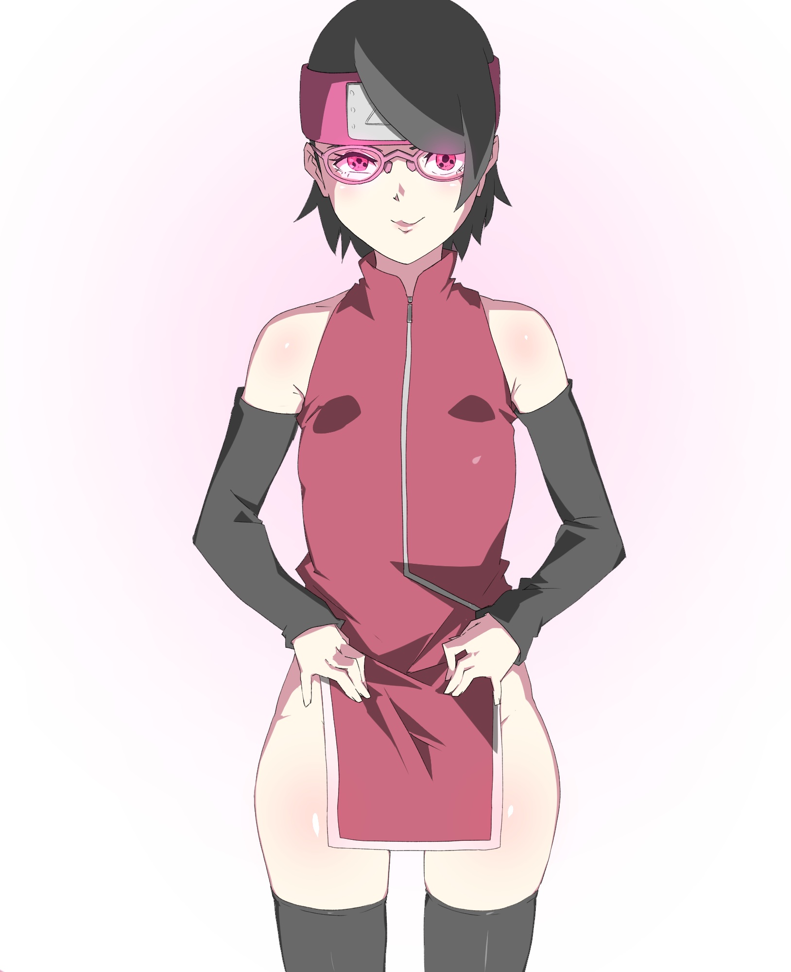1girls, arm warmers, armwear, bangs, black armwear, black hair, black legwear, boruto: naruto next generations, female, female only, front view, glasses, konbari tariumu, legwear, lifted by self, long hair, looking at viewer, naruto, naruto (series), no panties, red eyes, sarada uchiha, sharingan, shiny, shiny eyes, sleeveless, sleeveless shirt, teasing, thighhighs