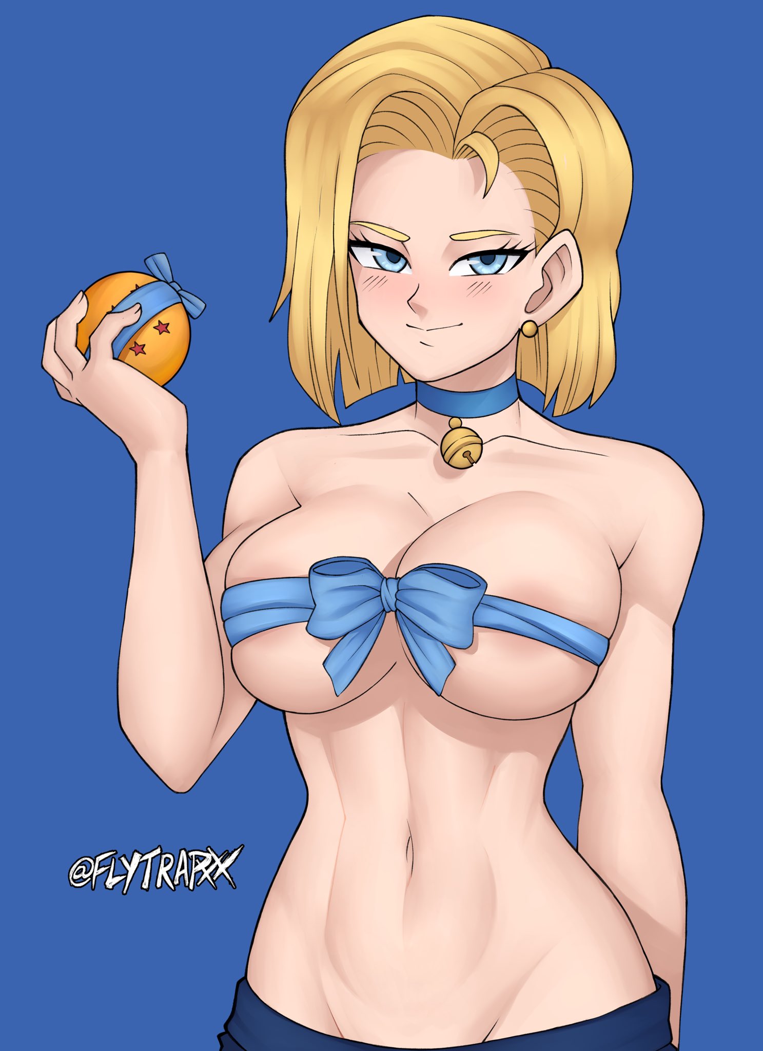 1girls, android, android 18, areolae, big breasts, blonde hair, blue eyes, blush, breasts, dragon ball, dragon ball (object), dragon ball z, earrings, eye contact, female, flytrapxx, large breasts, looking at viewer, partially nude, short hair, smile, solo, standing, topless
