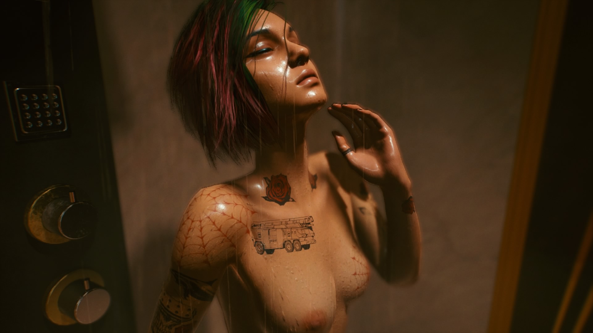 1girls, 3d, artist request, breasts, cd projekt red, cybernetics, cyberpunk, cyberpunk (series), cyberpunk 2077, dyed hair, female, female only, judy alvarez, naked, romance, shiny skin, shower, solo, source request, tattoos, the mox, year request