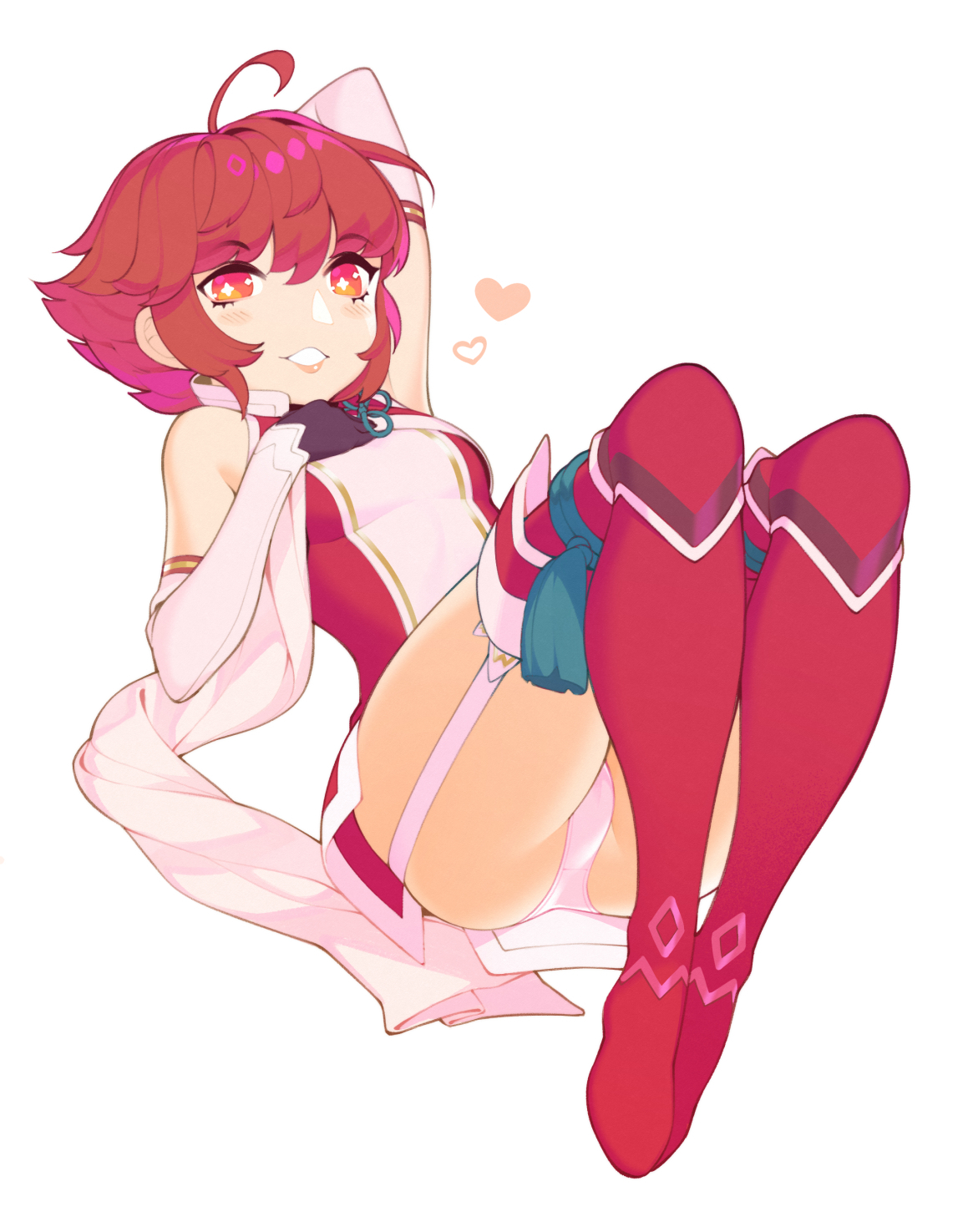 + +, 1girls, ahoge, bare shoulders, black gloves, boots, breasts, bright pupils, commentary, commission, detached sleeves, dress, elbow gloves, english commentary, female, fire emblem, fire emblem fates, full body, garter straps, gloves, gradient hair, halphelt, hand up, heart, highres, hinoka (fire emblem), legs together, long sleeves, looking at viewer, multicolored hair, panties, pantyshot, pink hair, pink lips, pink panties, reclining, red hair, red legwear, scarf, short dress, short hair, simple background, small breasts, smile, solo, solo female, thigh boots, thighhighs, underwear, upskirt, white background, white pupils, white scarf