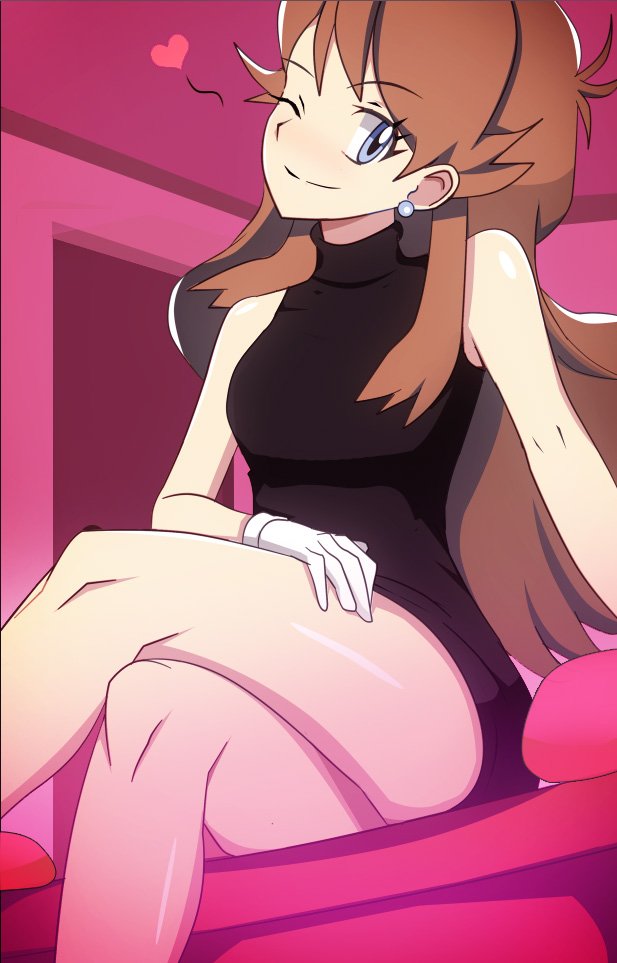 1girls black_dress blue_earrings blue_eyes brown_hair female female_only gloves green_(pokemon) hand_on_thigh human leaf_(pokemon) nintendo pearl_earrings pokemon pokemon_(manga) pokemon_adventures pokemon_rgby thighs vivivoovoo white_gloves wink winking