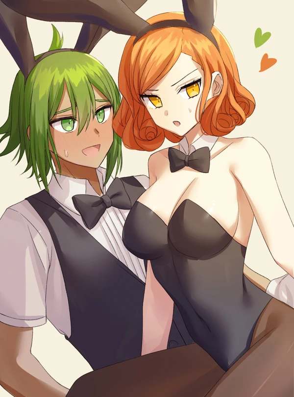 ahoge big_breasts blush bunny_boy bunny_ears bunny_girl bunnysuit confused curly_hair danganronpa danganronpa_another dark-skinned_male dark_skin fanganronpa frowning green_eyes green_hair heart looking_at_another looking_at_partner looking_away mekaru_rei nervous nervous_smile orange_hair otori_teruya pale-skinned_female pale_skin sdra2 sitting_on_lap sitting_on_person smiling_at_another smooth_skin super_danganronpa_another_2 wavy_hair yellow_eyes