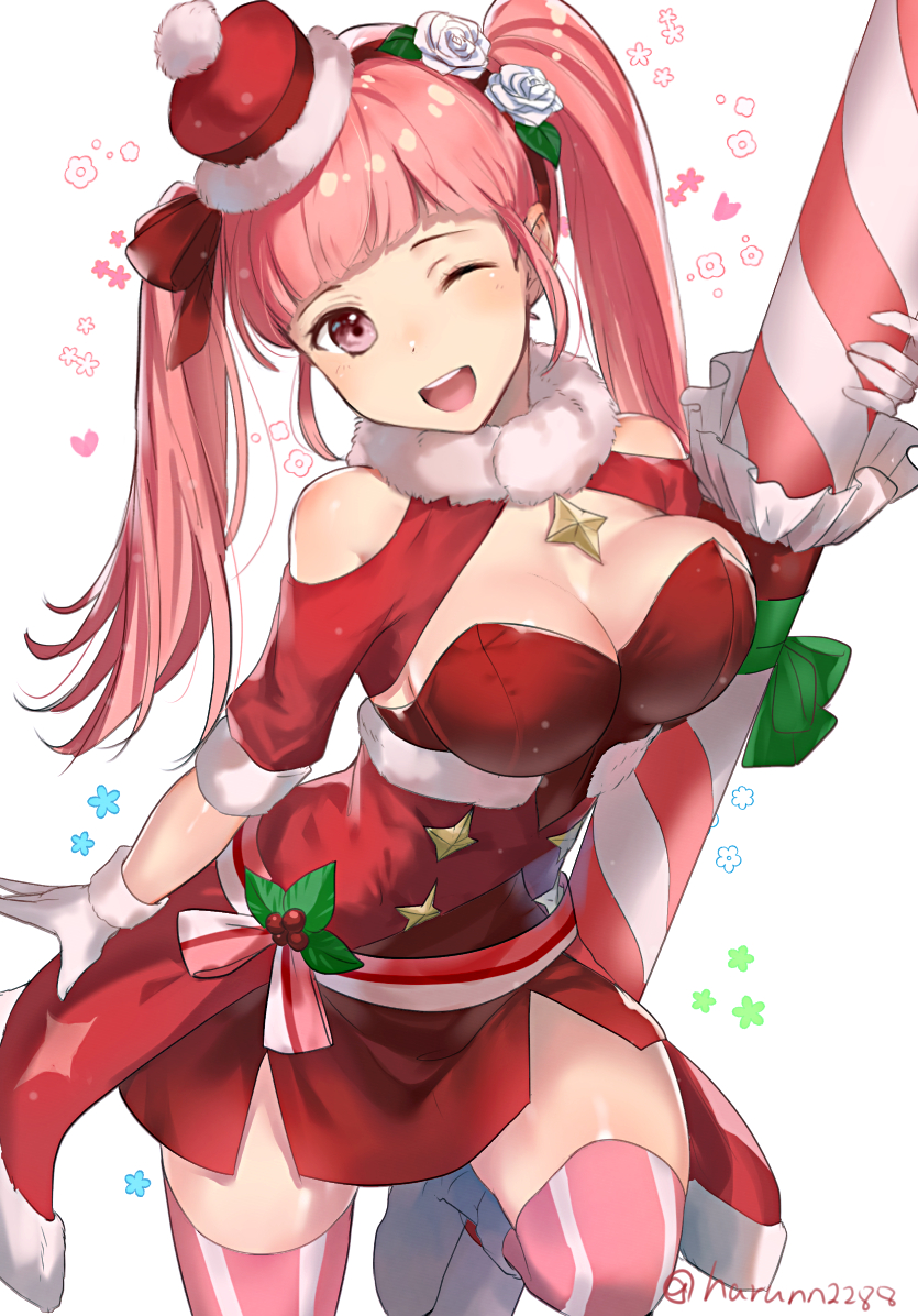 1girls alternate_costume bangs bare_shoulders bare_thighs blunt_bangs blush bow breasts candy candy_cane christmas cleavage commentary_request dress female fire_emblem fire_emblem:_three_houses fire_emblem_heroes flower food fur-trimmed_dress fur-trimmed_headwear fur-trimmed_sleeves fur_collar fur_trim gloves green_bow green_ribbons hair_flower hair_ornament hair_ribbon hairbow haru_(nakajou-28) hilda_valentine_goneril hilda_valentine_goneril_(winter) holding large_breasts long_hair looking_at_viewer nintendo one_eye_closed open_mouth oversized_object pink_eyes pink_hair pink_legwear red_bow red_dress red_ribbon ribbon rose santa_costume smile solo striped striped_legwear thighhighs twintails twitter_username white_flower white_gloves white_rose wink