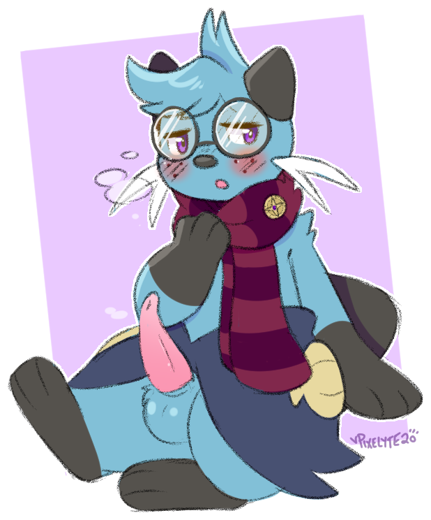 balls blush clothing dewott erection eyewear fan_character fur furry furry_only genitals glasses looking_at_viewer lutrine male male_only mammal mustelid nintendo penis pixelyteskunk pokémon_(species) pokemon pokemon_(species) scarf simple_background sitting solo tail tapering_penis video_games