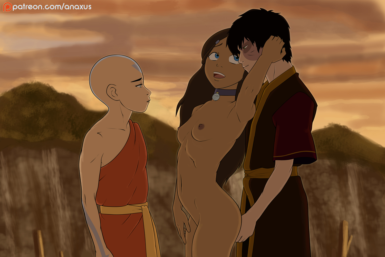 1girls, 2boys, aang, air nomad, airbender tattoo, ambiguous penetration, anaxus, avatar legends, avatar the last airbender, bald, black hair, blue eyes, breasts, brown hair, choker, clothed, clothed male, clothed male nude female, clothed sex, clothing, collar, completely nude, dark skin, dark-skinned female, female, fire nation, hands behind head, holding penis, katara, long hair, looking at another, looking back, male, male/female, naked, netorare, nickelodeon, nipples, nude, nude female, outside, penetration, penis, scar, seductive, seductive eyes, seductive look, seductive smile, side view, sideboob, small breasts, swingers, the avatar, threesome, water tribe, zuko