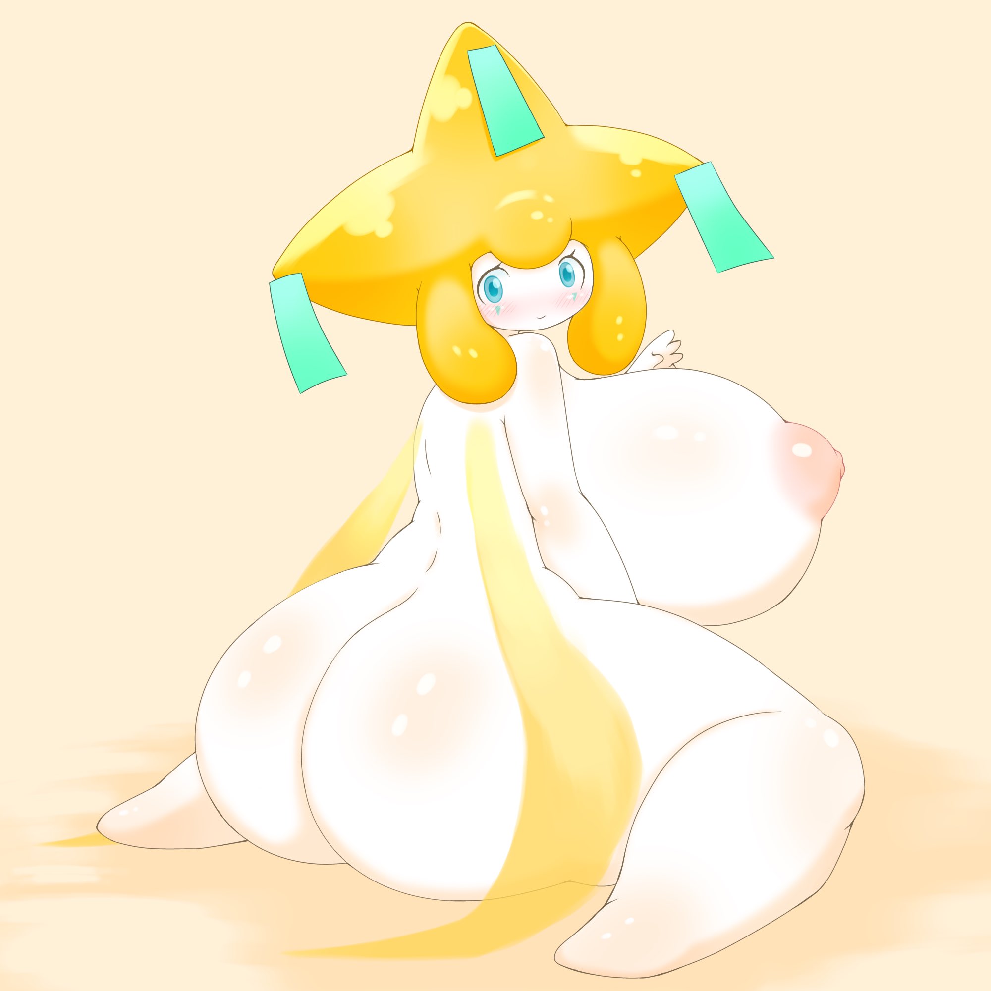 1girls, anthro, areola, ass, big ass, big breasts, blue eyes, blushing, breasts, female, female only, game freak, huge ass, huge breasts, humanoid, jirachi, kneeling, large ass, large breasts, legendary pokemon, light skin, looking at viewer, looking back, nintendo, nipples, omenyanozero, on knees, pokémon (species), pokemon, pokemon (species), pokemon rse, puffy nipples, sideboob, simple background, smile, solo, solo female, video games, white body