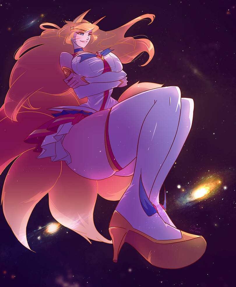 ahri angelgts blue_eyes female female_only fox_ears fox_tail giantess growth huge_breasts kitsune large_breasts league_of_legends long_hair multiple_tails skirt star_guardian_ahri star_guardian_series thick_thighs wide_hips