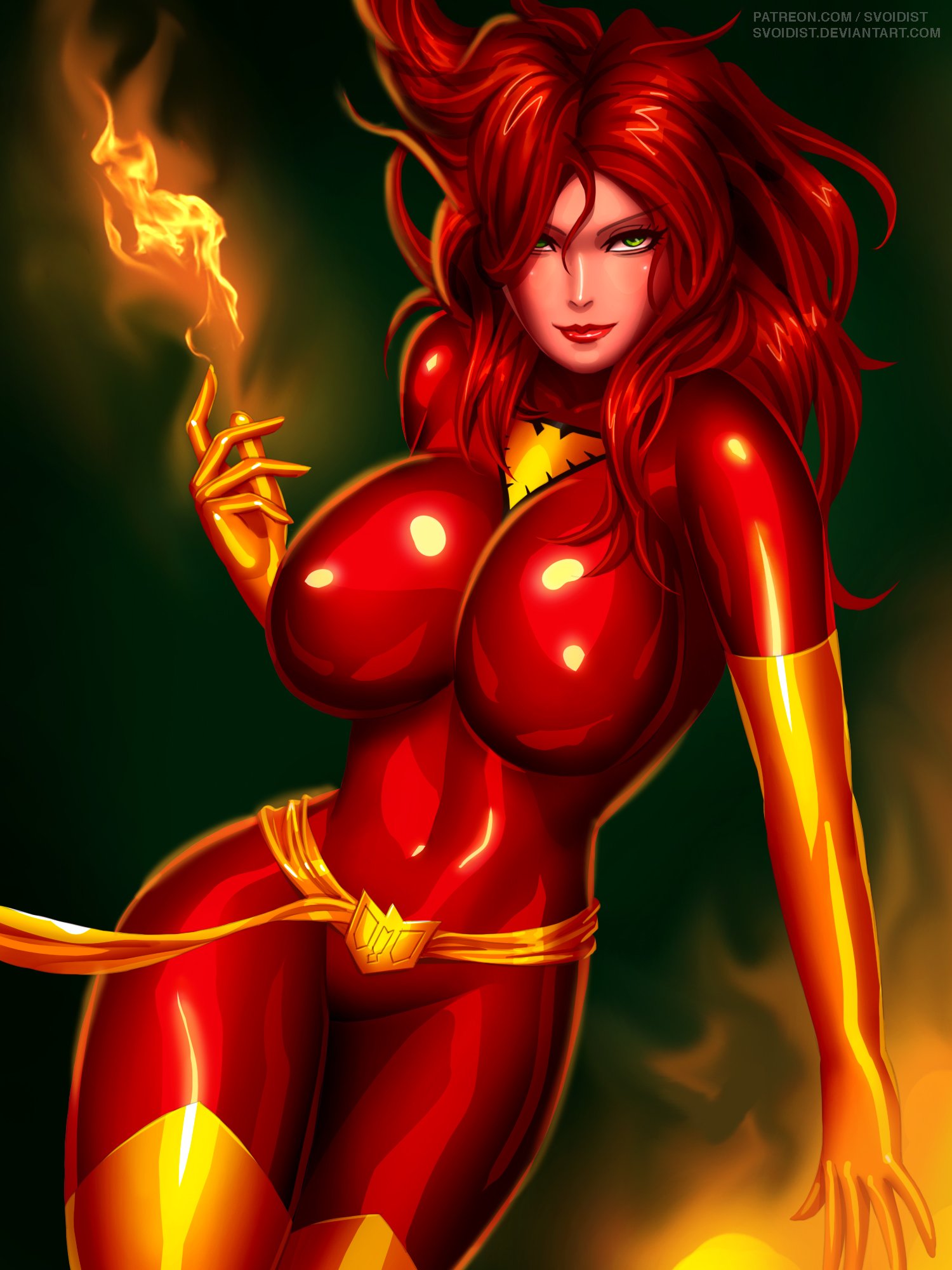 1girls, big breasts, breasts, dark phoenix, female, female only, green eyes, jean grey, marvel, marvel comics, phoenix (x-men), red hair, red latex, solo, svoidist, x-men