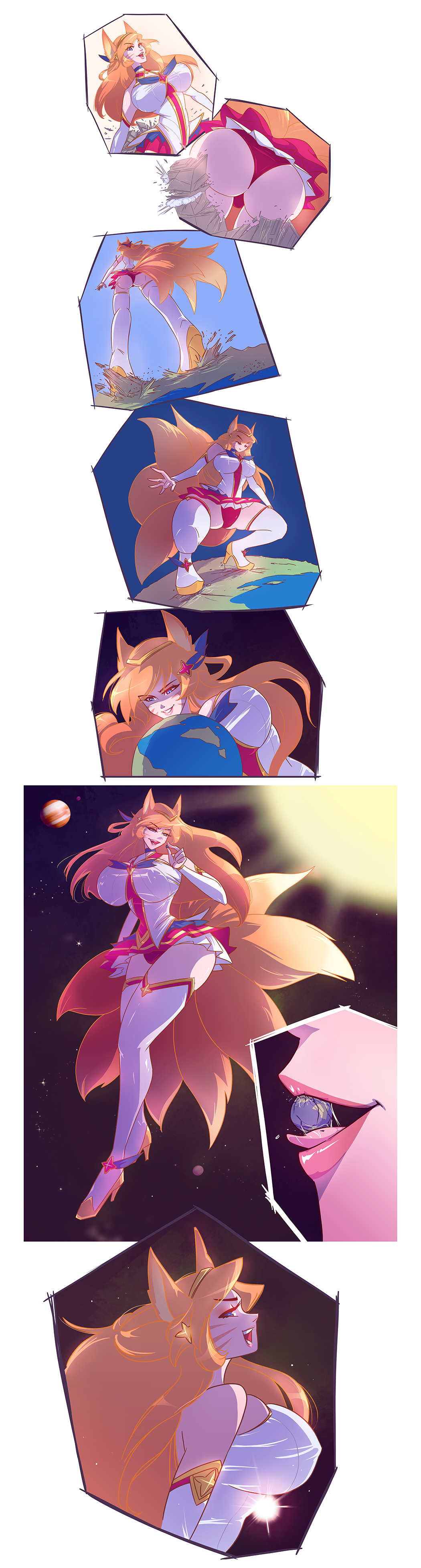 ahri angelgts destruction female female_only fox_ears fox_tail giantess growth huge_breasts kitsune league_of_legends multiple_tails thick_thighs wide_hips