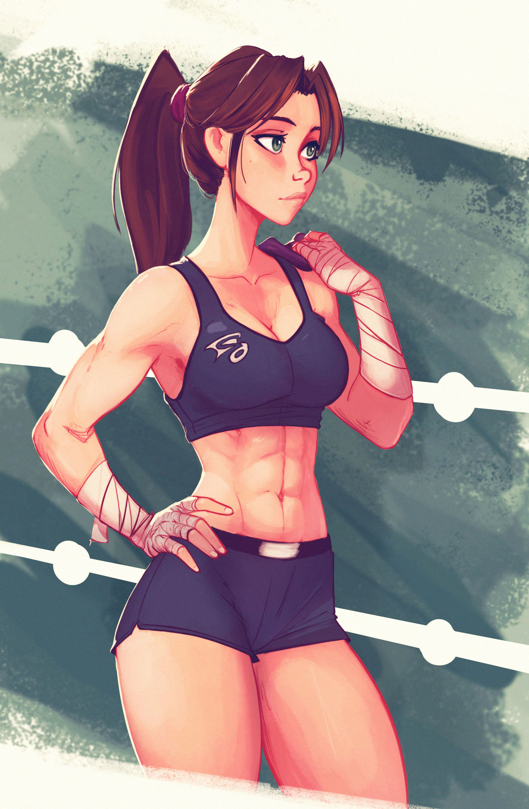 abs, athletic, clothing, female, green eyes, legs, original character, ponytail, raichiyo33, thick thighs