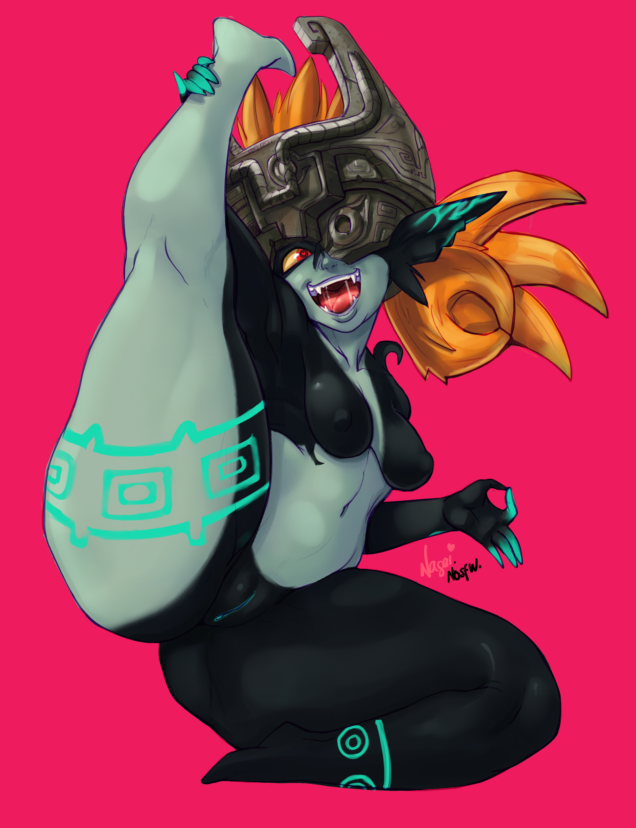 1girls, bent leg, black body, body markings, breasts, female, female only, glowing markings, heart-shaped pupils, helmet, holding leg, imp midna, leg up, midna, nagainosfw, nintendo, nude, nude female, one eye covered, open mouth, orange hair, pointy ears, pussy, red background, red eyes, small breasts, solo, solo female, the legend of zelda, thick thighs, twilight princess, two-tone body, very high resolution, white body, yellow sclera