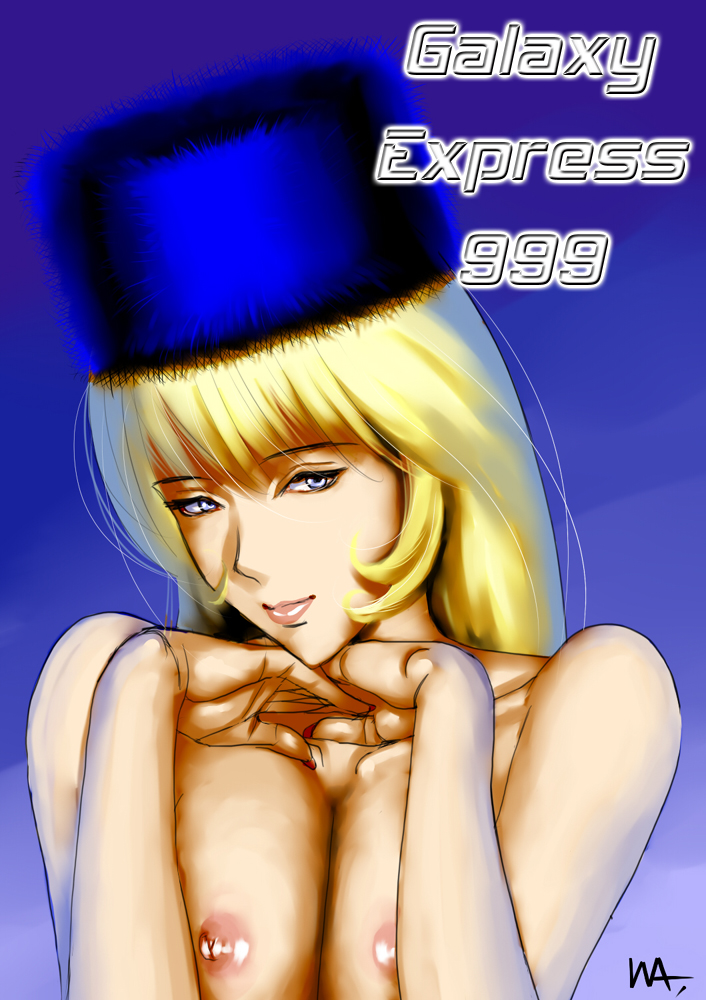 1girls 2009 blonde_hair blue_eyes breasts female galaxy_express_999 hat large_breasts leijiverse light-skinned_female light_skin long_hair looking_at_viewer maetel nipples nude pointy_chin smile solo wakino_keibun