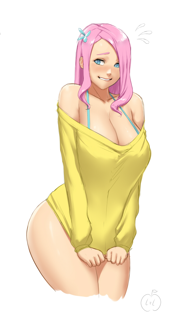 blue eyes, blush, breasts, female, female only, fluttershy (mlp), friendship is magic, human, humanized, lvl, lvl (sentrythe2310), my little pony, no panties, pink hair, shirt, solo, straight hair