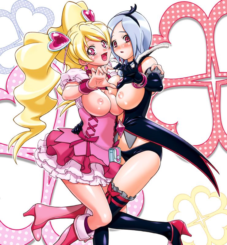 asymmetrical_docking bag black_legwear black_thighhighs blonde_hair blush boots bracelet breast_press breasts clothing cure_peach dark_magical_girl dress earrings eas elbow_gloves fresh_precure! fresh_pretty_cure fresh_pretty_cure! gambler_club gloves hairband heart heart_hands heart_hands_duo higashi_setsuna high_heels hug jewelry knee_boots kousaka_jun large_breasts long_hair magical_girl momozono_love multiple_girls nipples panties pink_eyes precure pretty_cure purse red_eyes shoes short_hair silver_hair stockings thighhighs tied_hair twintails