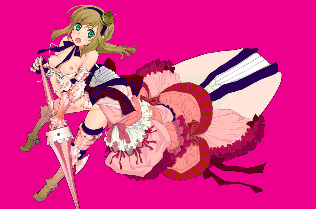 1girls alternate_hairstyle armor axis_powers_hetalia bare_shoulders bowtie breasts brown_hair crown elizaveta_hedervary female gauntlets green_eyes hairband hungary_(hetalia) kome_(vm500) lance nipples open_mouth polearm ribbon solo spear topless weapon