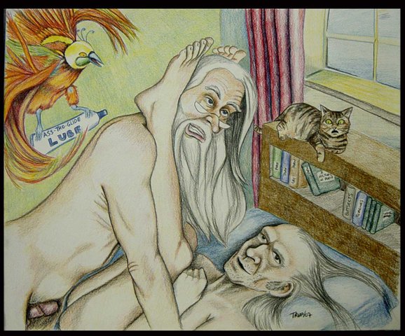 albus_dumbledore anal argus_filch erection fawkes fawks_the_phoenix feline glasses gray_hair harry_potter imminent_anal imminent_penetration legs_on_shoulders legs_up long_hair lube male male_only missionary_position mrs._norris multiple_males nude phoenix tripperfunster white_hair yaoi