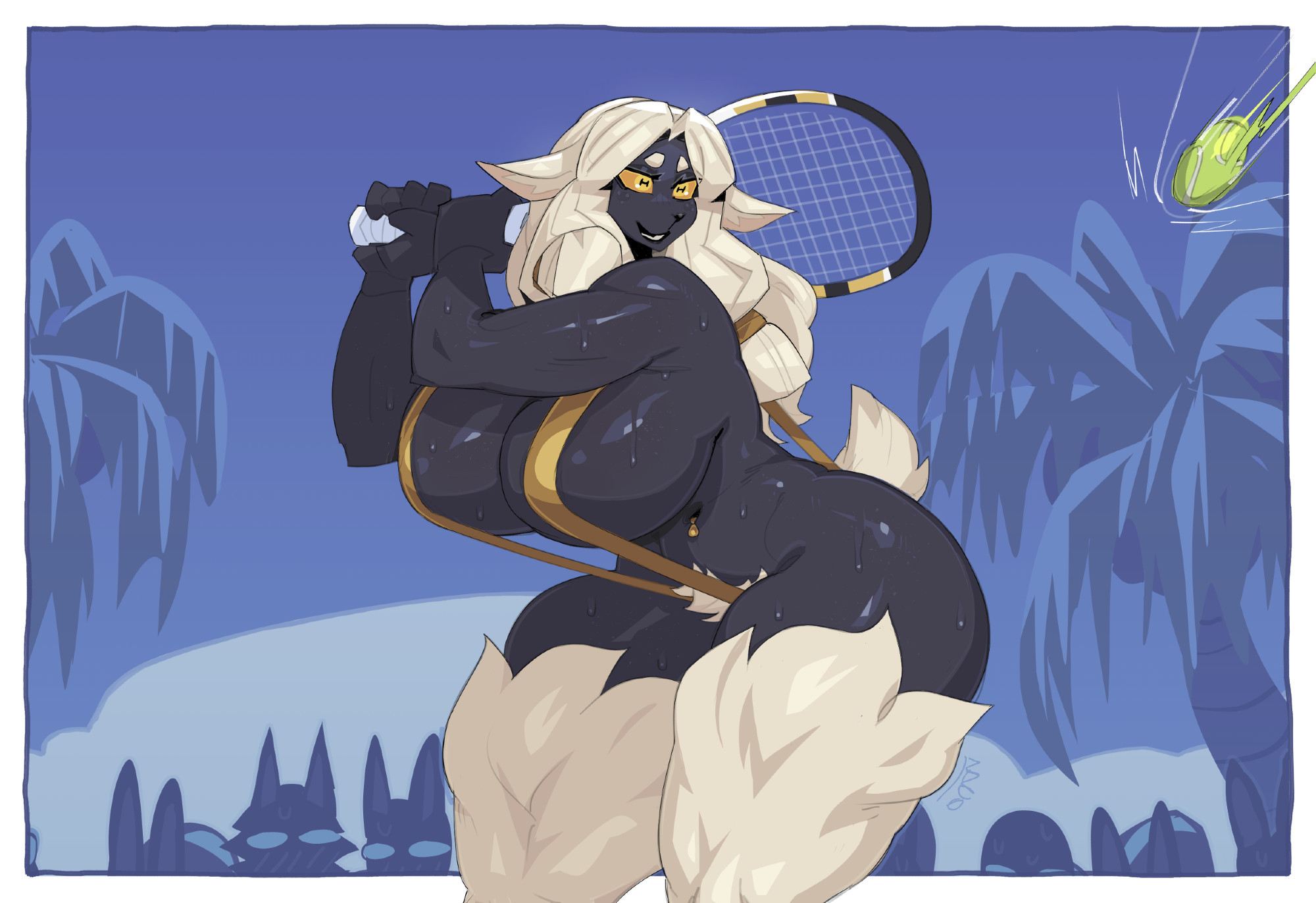 1girls, anthro, ass, big ass, big breasts, breasts, female, gold bikini, hairy pussy, huge ass, huge breasts, nanokindred, pubic hair, pussy, reinette (nanokindred), tennis ball, tennis racket, white hair