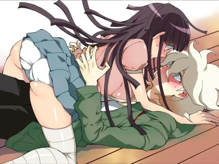 1boy, ass, ass up, blue eyes, blush, brown eyes, clothed female, clothed male, clothes, clothing, danganronpa, danganronpa 2: goodbye despair, dark hair, dosugon, embarrassed, female, floor, fluffy hair, looking at another, looking down, looking up, male, nagito komaeda, on back, on floor, pale skin, panties, school uniform, schoolgirl, shocked, shocked expression, straight, straight hair, super danganronpa 2, sweatdrop, teenager, tsumiki mikan, upskirt, white hair