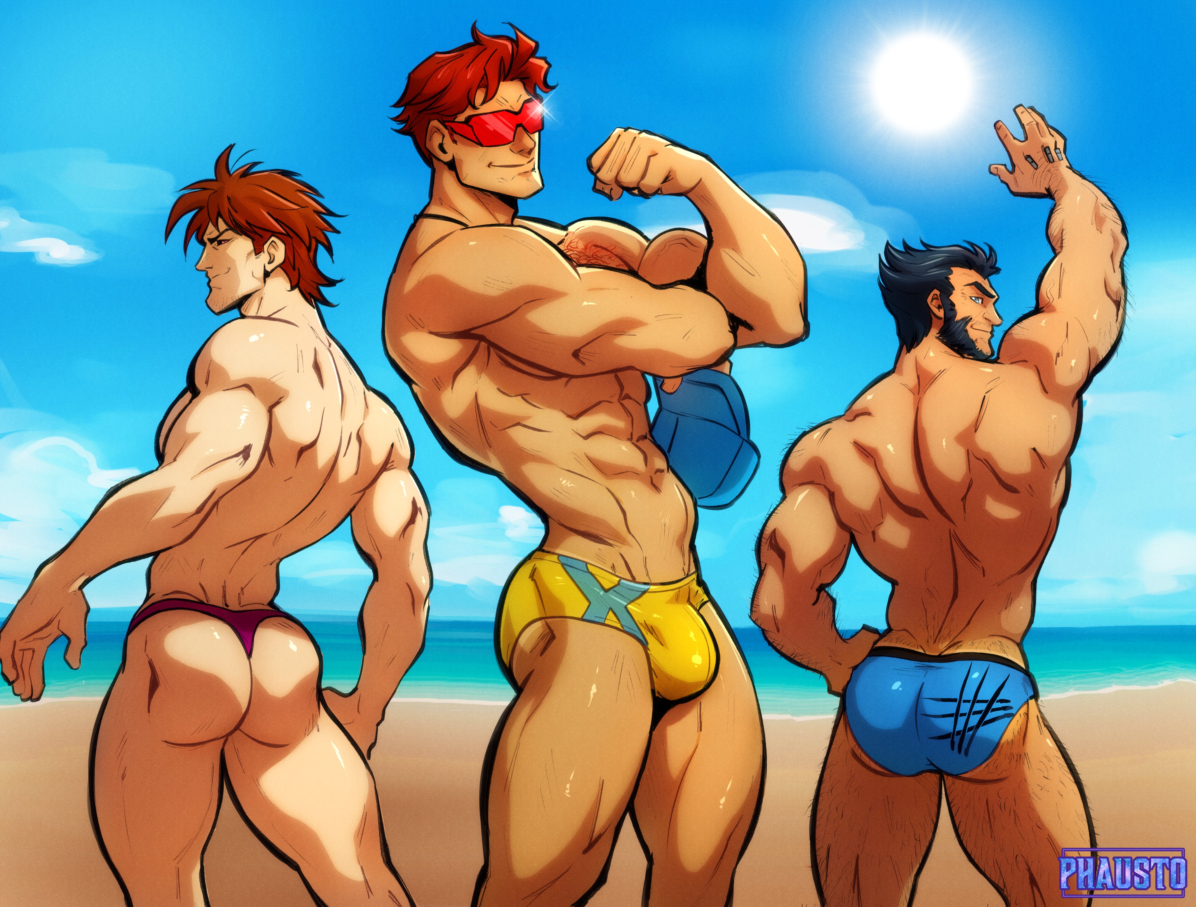 2d, 2d (artwork), 3boys, abs, arm up, ass, ass focus, back, back muscles, back view, bara, beach, beard, big ass, big bulge, big butt, black hair, blue cap, blue eyes, blue sky, blue speedo, body hair, brown hair, bulge, bulge through clothing, bulge under clothes, cyclops (x-men), digital media (artwork), facial hair, gambit, gay, gay male, hairy, hairy male, hairy thighs, hand on hip, holding cap, holding object, james howlett, light skin, light-skinned male, logan (x-men), looking at viewer, looking back, male, male only, marvel, marvel comics, muscles, muscular, muscular ass, muscular male, mutant, mutant (marvel), outdoors, outside, partially clothed, phausto, pose, posing, remy lebeau, scott summers, six pack, smiling, speedo, speedo only, superhero, swimsuit, take your pick, thick ass, thick butt, thighhighs, thong, thong bikini, thong over anus, threesome, wolverine (x-men), x-men, yaoi, yellow speedo