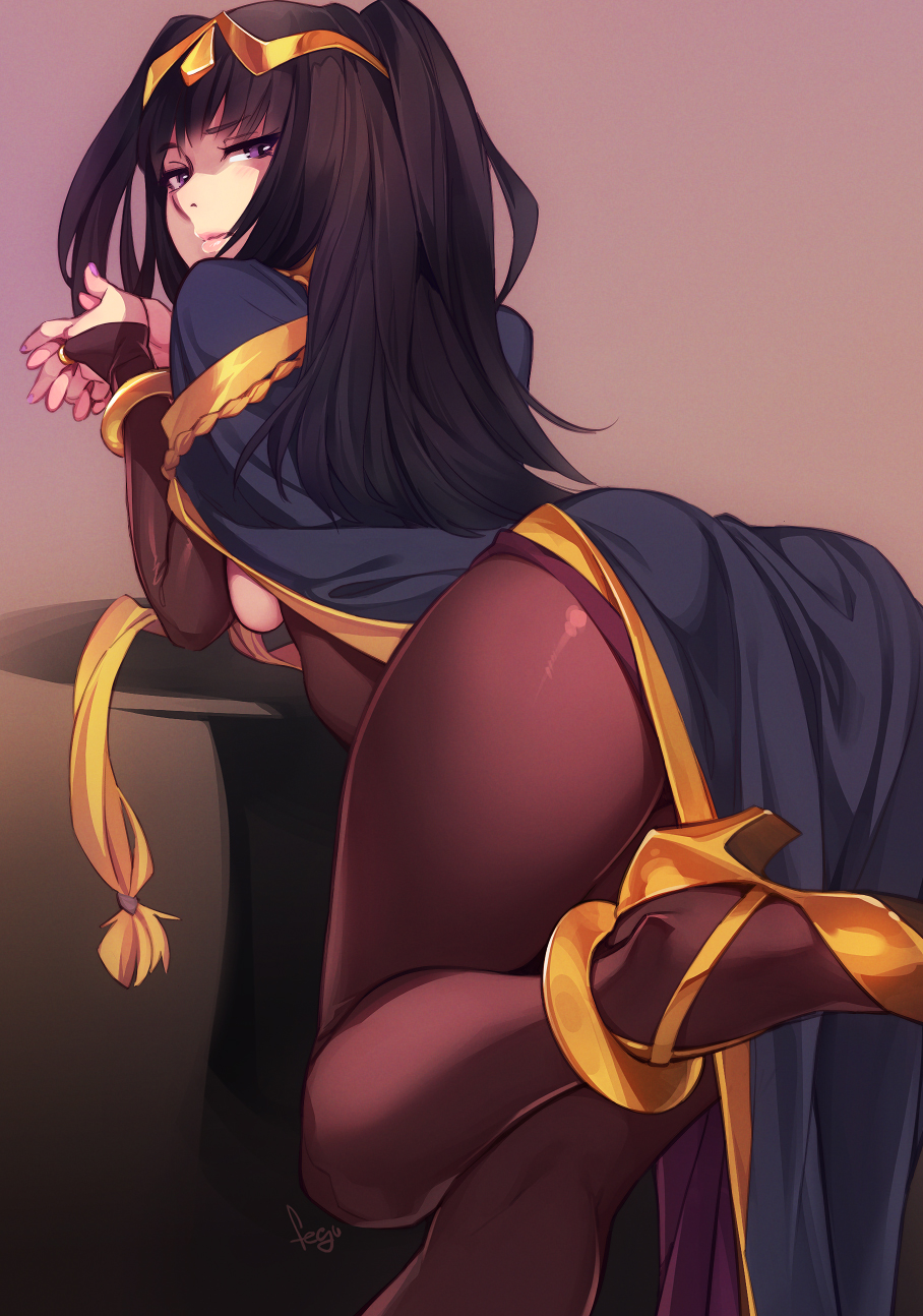 1girls ass bangs bent_over big_ass black_eyes black_hair bodystocking bodysuit bracelet bridal_gauntlets cape circlet closed_mouth commentary english_commentary feguimel female female_only fire_emblem fire_emblem_awakening high_heels highres jewelry leg_up legs lips long_hair looking_back nintendo purple_nails simple_background solo tharja_(fire_emblem) two_side_up