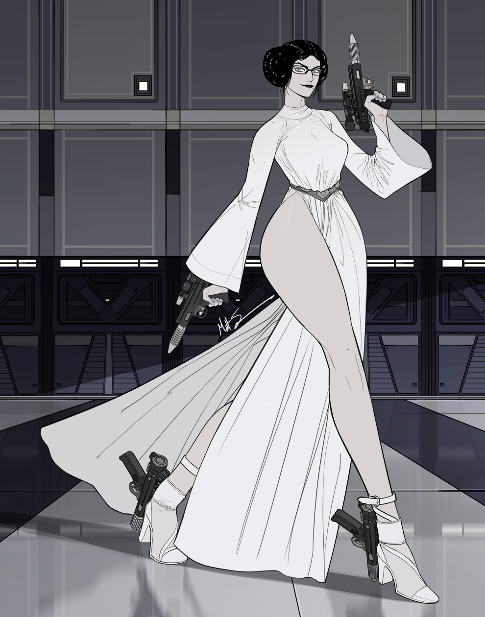 bayonetta bayonetta_(character) black_hair blaster bun_hair clothed clothes clothing cosplay curvaceous curvaceous_body curvaceous_female curvaceous_figure curvaceous_hips curvy curvy_body curvy_female curvy_figure curvy_hips dress female female_focus female_only glasses guns heels high_slit_dress hips long_legs msperoni princess_curvy princess_leia_organa short_hair star_wars thick_hips