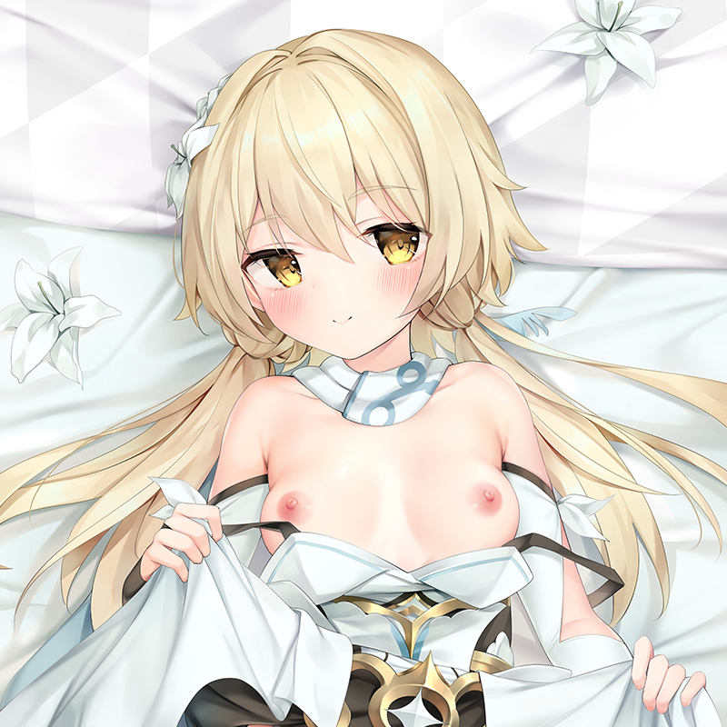 areolae armpit_crease bangs bare_shoulders blonde_hair blush breasts cirnos clothes_down dakimakura_(medium) detached_sleeves dress_lift embrace erect_nipples eyebrows_visible_through_hair female female_only female_protagonist genshin_impact gold_eyes looking_at_viewer lumine_(genshin_impact) lying medium_breasts medium_hair nipples on_back on_bed short_twintails smile tied_hair upper_body yellow_eyes