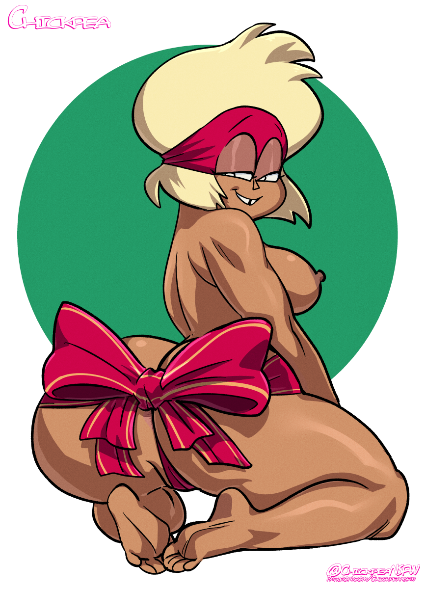 1girls, 2020, 5 toes, anus peek, ass, barefoot, big ass, big butt, blonde hair, bow, breasts, brown nipples, brown skin, carol (ok k.o.! let's be heroes), carol kincaid, cartoon network, chickpea, christmas, christmas outfit, christmas present, colored, dark skin, dark-skinned female, feet, female, female only, green background, huge ass, huge butt, looking at viewer, looking back, looking back at viewer, milf, naked, nipples, nude, nude female, ok k.o.! let's be heroes, ribbon, short hair, simple background, smile, thick thighs, thighs, thong, toes