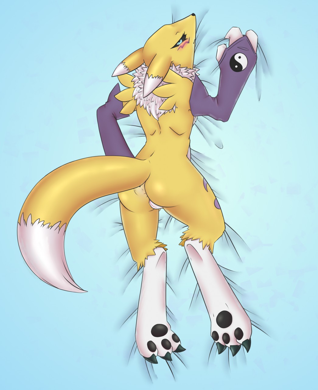 anthro black_pawpads black_sclera blue_eyes blush canid canine chest_tuft claws clothing dakimakura_design digimon digimon_(species) female fingers fox fur furry_only gloves handwear hi_res lying mammal markings p.v.su pawpads purple_markings renamon solo toe_claws tuft white_body white_fur yellow_body yellow_fur yin_yang