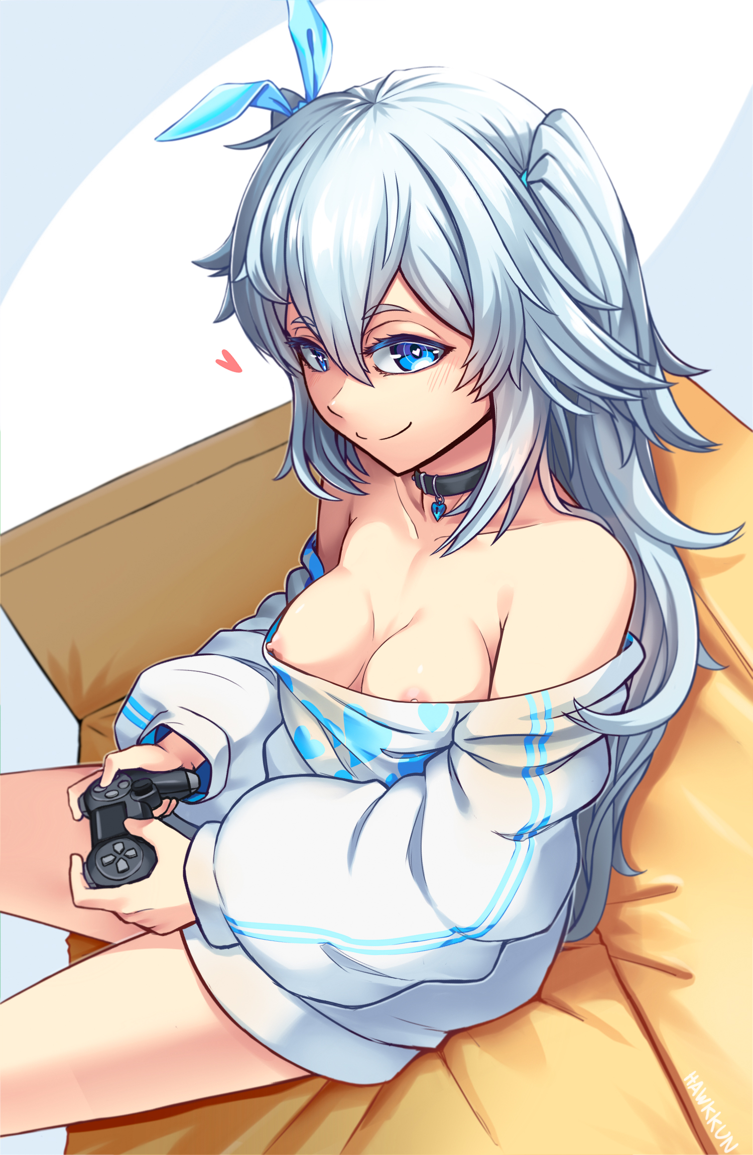 1girls, blue eyes, blue hair, blush, bottomless, breasts, breasts out, choker, closed mouth, couch, feet out of frame, female, female only, girls' frontline, hair ribbon, heart-shaped pupils, long hair, looking at viewer, nipple slip, nipples, pa-15 (girls' frontline), pa-15 (marvelous yam pastry) (girls' frontline), pajamas, senpaihawkkun, shirt down, sitting, small breasts, smile, video game controller