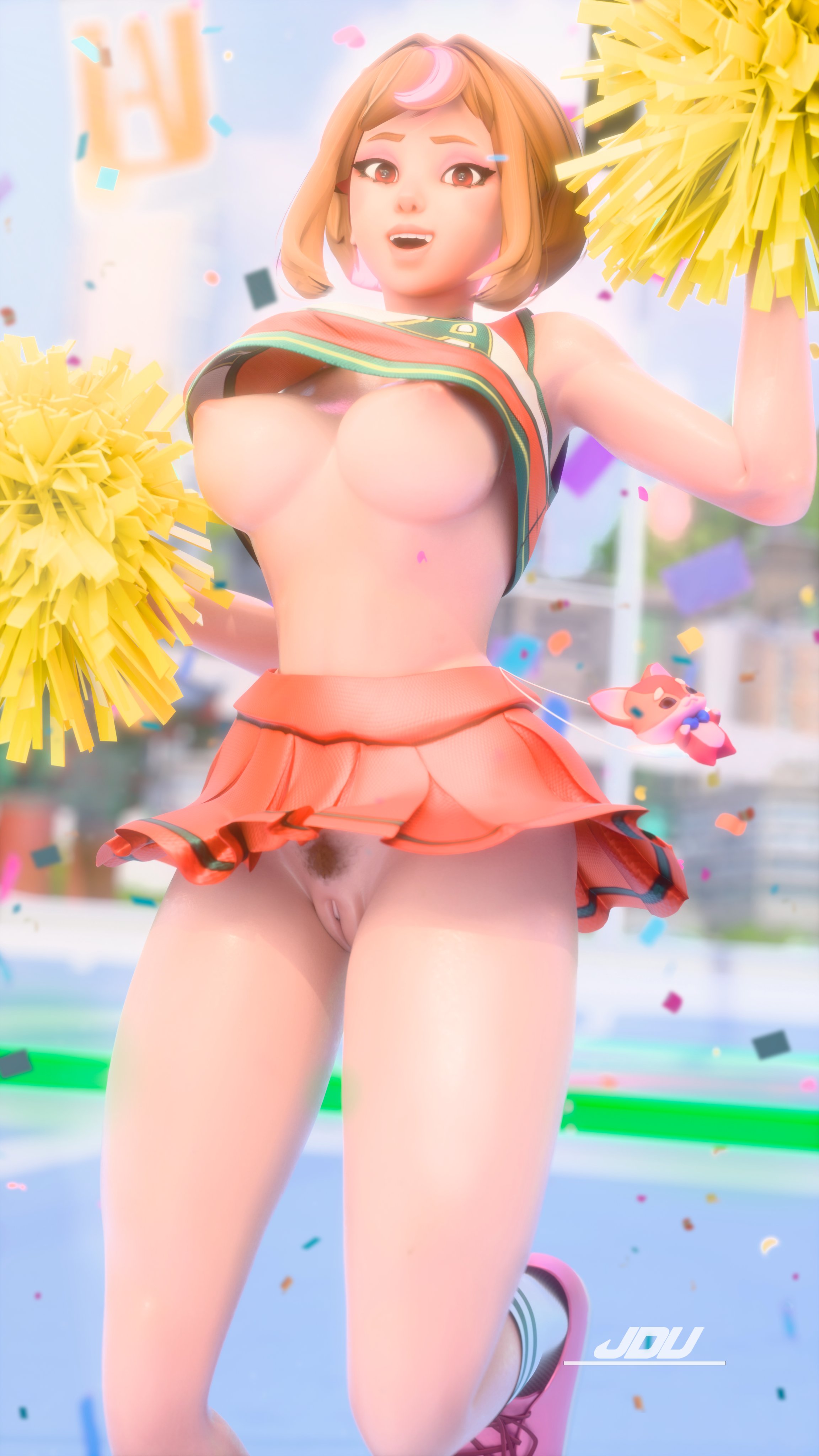 3d, breasts, breasts out, cheerleader, female, jdv, juno (overwatch), my hero academia, no bra, no panties, ochako uraraka (cosplay), overwatch, overwatch 2, presenting breasts, presenting pussy, pussy, skirt up, uravity juno