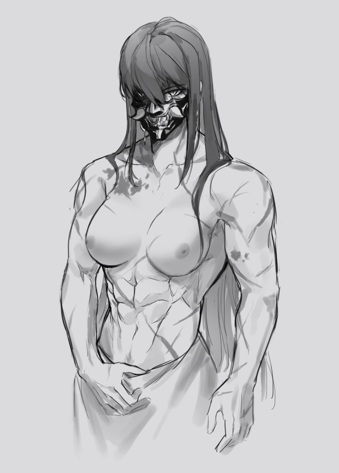 abs, bbg chief, biceps, boobs out, breasts, breasts out, female, female focus, female only, long hair, mask, masked female, muscular, muscular female, path to nowhere, rahu (path to nowhere), scar, scar on face, scars, scars all over, tits out, towel, towel around waist