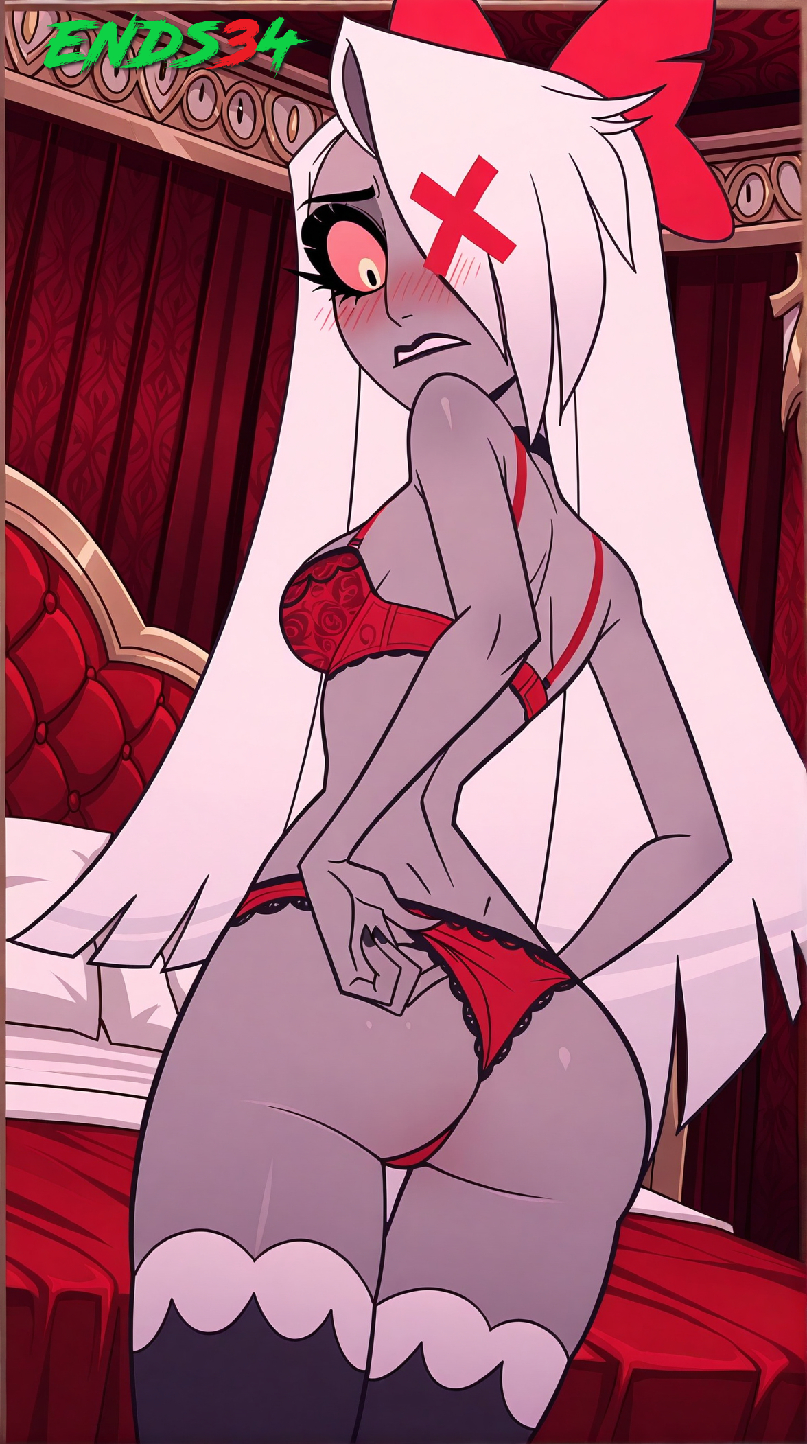 2025, ai generated, ass, ass focus, blush, breasts, ends34, female, hazbin hotel, long hair, medium breasts, panties, sexy, stockings, vaggie (hazbin hotel), white hair