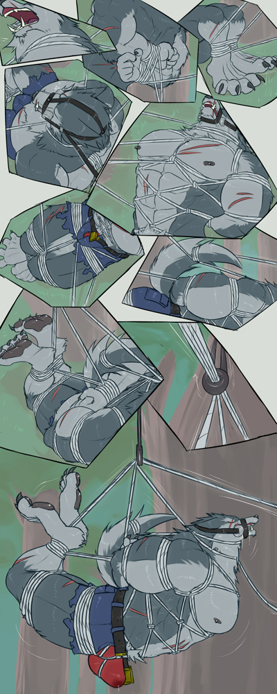 2017 abs anthro barazoku belt better_version_at_source bit_gag bodily_fluids bondage bondage bottomwear bound bulge canid canine canis captured clothed clothing comic comic_panel digital_media_(artwork) forest foster-tony fully_bound fur gag gagged genital_fluids hogtied leaking_precum male mammal multicolored_body multicolored_fur muscular muscular_anthro muscular_male mythological_canine mythological_creature mythology pants pecs plant precum precum_through_clothing precum_through_underwear red_clothing red_underwear restraints rope rope_bondage rope_harness scar solo struggling suspension suspension_bondage torn_bottomwear torn_clothing torn_pants tree two_tone_body two_tone_fur underwear werecanid werecanine werecreature werewolf wet wet_clothing wolf