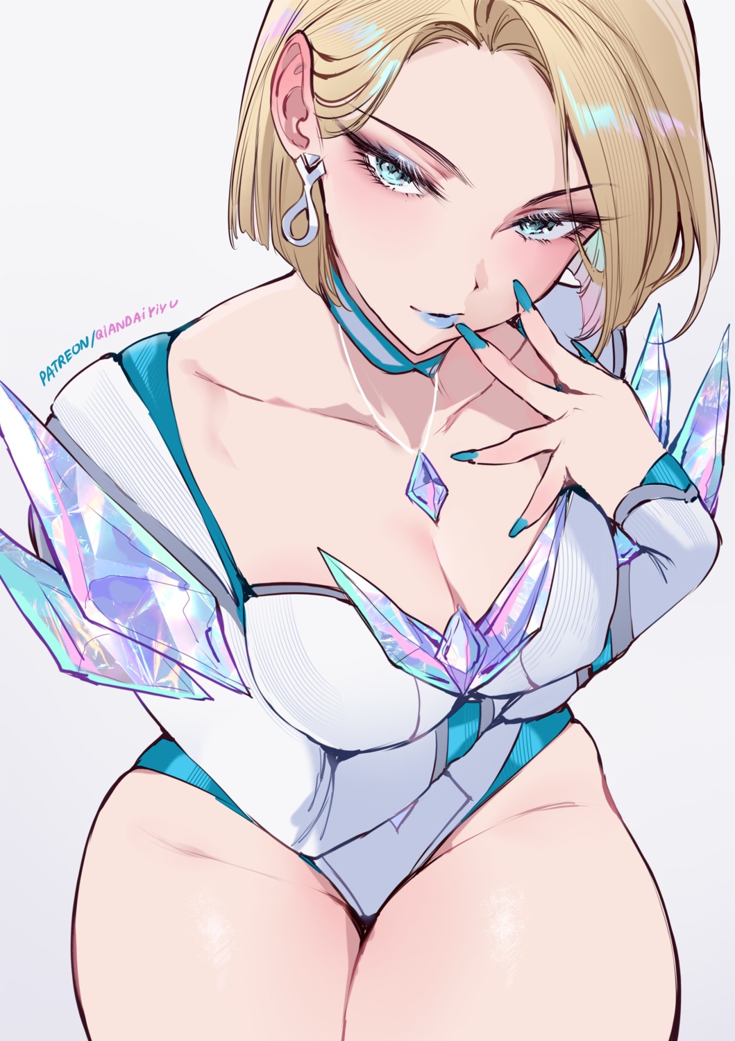 1girls, 2d, above view, arm support, arm under breasts, blonde female, blonde hair, blue eyes, blue lipstick, blue nail polish, blue nails, bob cut, breasts, caption, caucasian, caucasian female, choker, earings, emma frost, emma frost (marvel rivals), eyelashes, female, high-angle view, large breasts, legs together, leotard, light skin, light-skinned female, lipstick, looking at viewer, looking back, looking up, marvel, marvel comics, marvel rivals, medium breasts, medium hair, nail polish, nails, nails painted, necklace, no bra, pale skin, pale-skinned female, short hair, simple background, solo female, thicc, thick legs, thick thighs, viewed from above, white background, x-men
