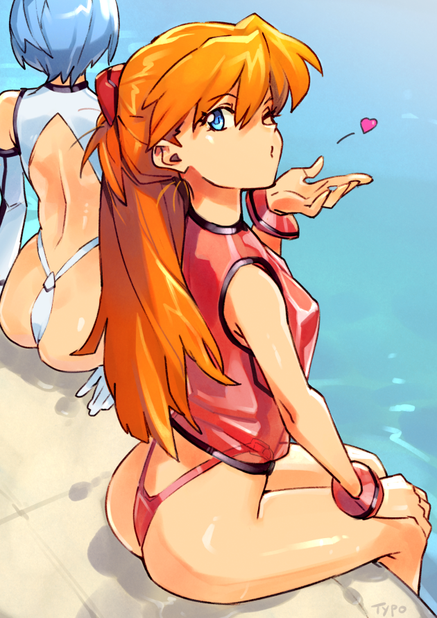 2girls ass asuka_langley_sohryu blowing_kiss blue_hair breasts clothing erect_nipples erect_nipples_under_clothes female female_only heart human light-skinned_female light_skin long_hair looking_at_viewer looking_back neon_genesis_evangelion one_eye_closed optionaltypo orange_hair panties pool rei_ayanami short_hair sitting small_breasts swimsuit thong water wink