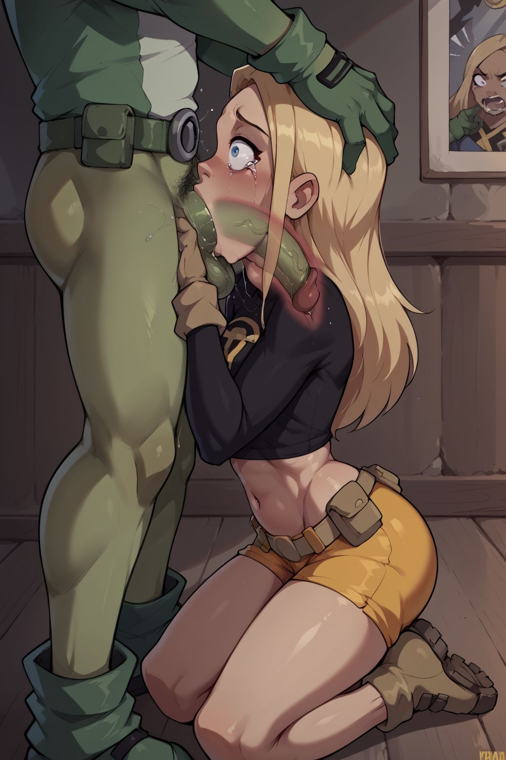 1boy ai_generated all_the_way_to_the_base athletic_female beast_boy belt black_top blonde_hair blowjob blue_eyes boots comic_page deepthroat fellatio female gloves green_penis irrumatio kneeling large_penis long_sleeves male oral oral_sex penis petite shorts stable_diffusion tagme tara_markov tears teen_titans terra terra_(dc) training x-ray yellow_shorts
