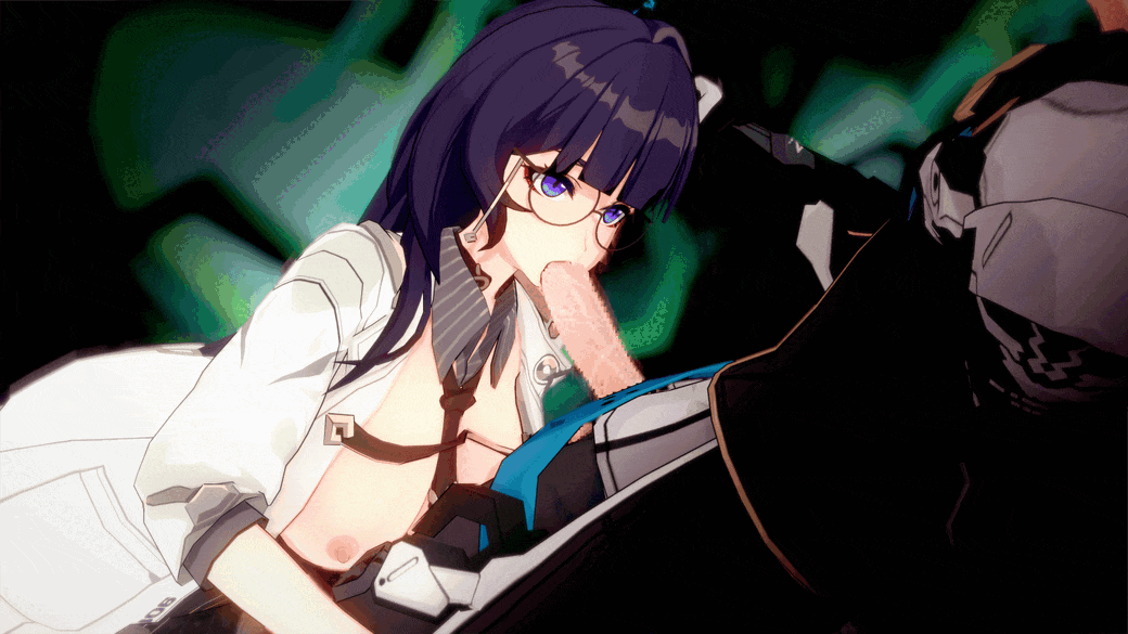 1boy 1girl 1girls 3d 3d_animation animated animated_gif black_gloves blinking blue_eyes breast_press breasts breasts_out cheek_bulge choker coat deepthroat dutch_angle eyebrows eyebrows_hidden_by_hair fellatio female from_side glasses gloves gradient_eyes grey_shirt hair_over_shoulder hand_on_another's_head honkai_(series) honkai_impact_3rd indoors kevin_kaslana kneeling lab_coat laboratory large_breasts long_sleeves looking_at_another looking_down looking_up male mei_(honkai_impact) mei_(honkai_impact_3rd) multicolored_eyes necktie nipples nose one_eye_closed open_clothes oral pantyhose penis purple_eyes purple_hair round_eyewear saliva saliva_trail science science_fiction shinaosumata shirt sidelocks sleeves_rolled_up standing straight striped_clothes swallowing wince