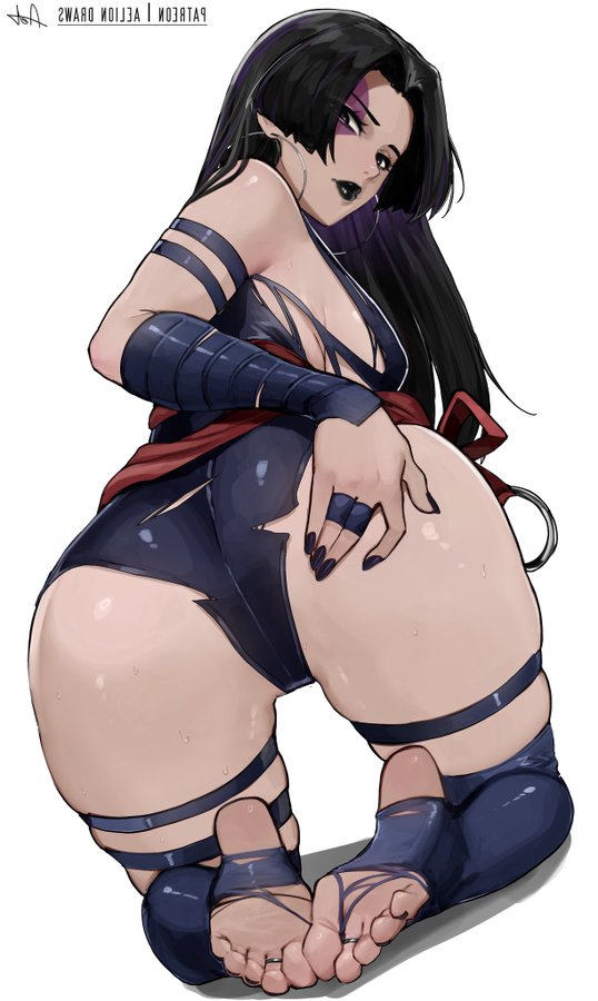 1girls, aelion draws, ass, black lipstick, clothed, clothed female, earring, feet, female, fingernails, hands on ass, hands on own ass, hoop earrings, huge ass, jewelry, leg belt, leotard, lipstick, looking at viewer, looking back, marvel, marvel comics, marvel rivals, nail polish, non-web source, parted bangs, presenting, presenting ass, psylocke, psylocke (sai) (vengeance), purple leotard, purple nail polish, purple nails, sash, soles, solo, stirrup legwear, toe ring, toeless legwear, torn clothes, torn leotard, waist sash, x-men