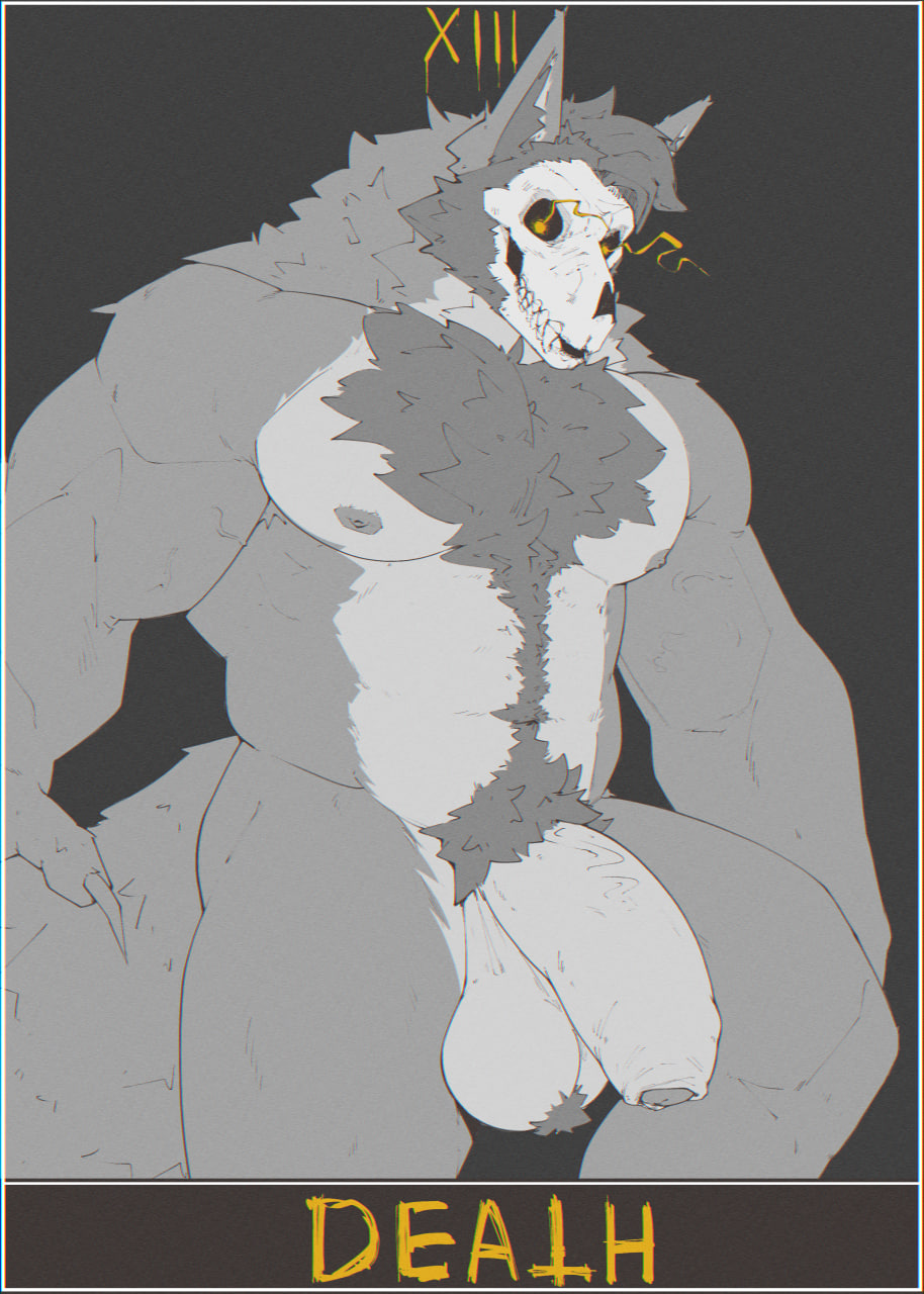 abs anthro balls barazoku belly_hair big_balls big_penis body_hair bone canid canine chest_hair claws digital_drawing_(artwork) digital_media_(artwork) english_text flaccid foreskin fox furry genitals glowing glowing_eyes greyscale hair hairy_balls happy_trail hi_res humanoid_genitalia humanoid_penis male mammal monochrome mr_nellory muscular muscular_anthro muscular_male nipples nude_anthro nude_male pecs penis pubes sharp_teeth short_hair skull skull_head skulldog_(species) solo spot_color tail teeth text thick_thighs vlad_(nellory) yellow_eyes