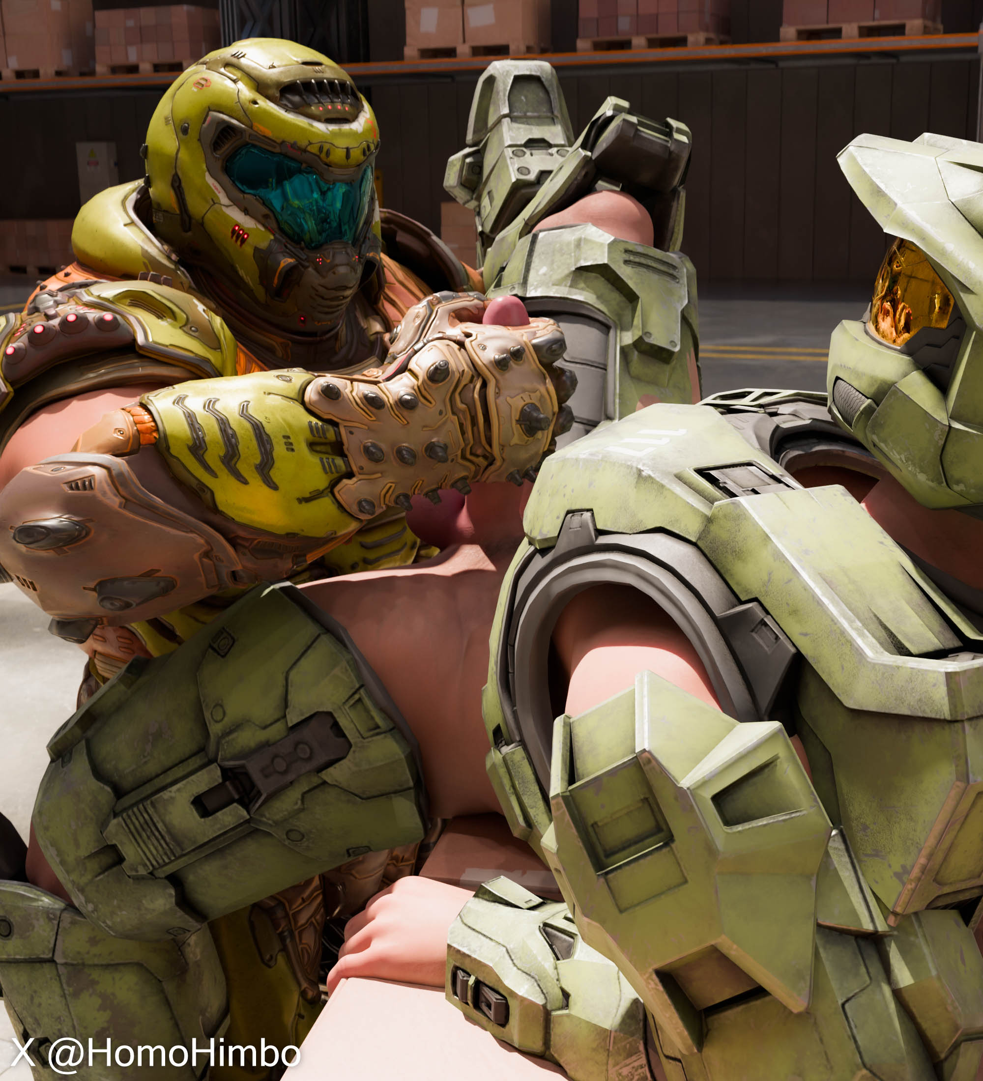 3d, armor, armored boots, armored male, ass, balls, doom, doom slayer (doom), gay, gay male, halo, halo (game), halo (series), helmet, helmet with visor, homohimbo, hunk, male, male only, master chief, masturbation, muscles, penis, socks, solo, solo male, sweat, sweaty, yaoi