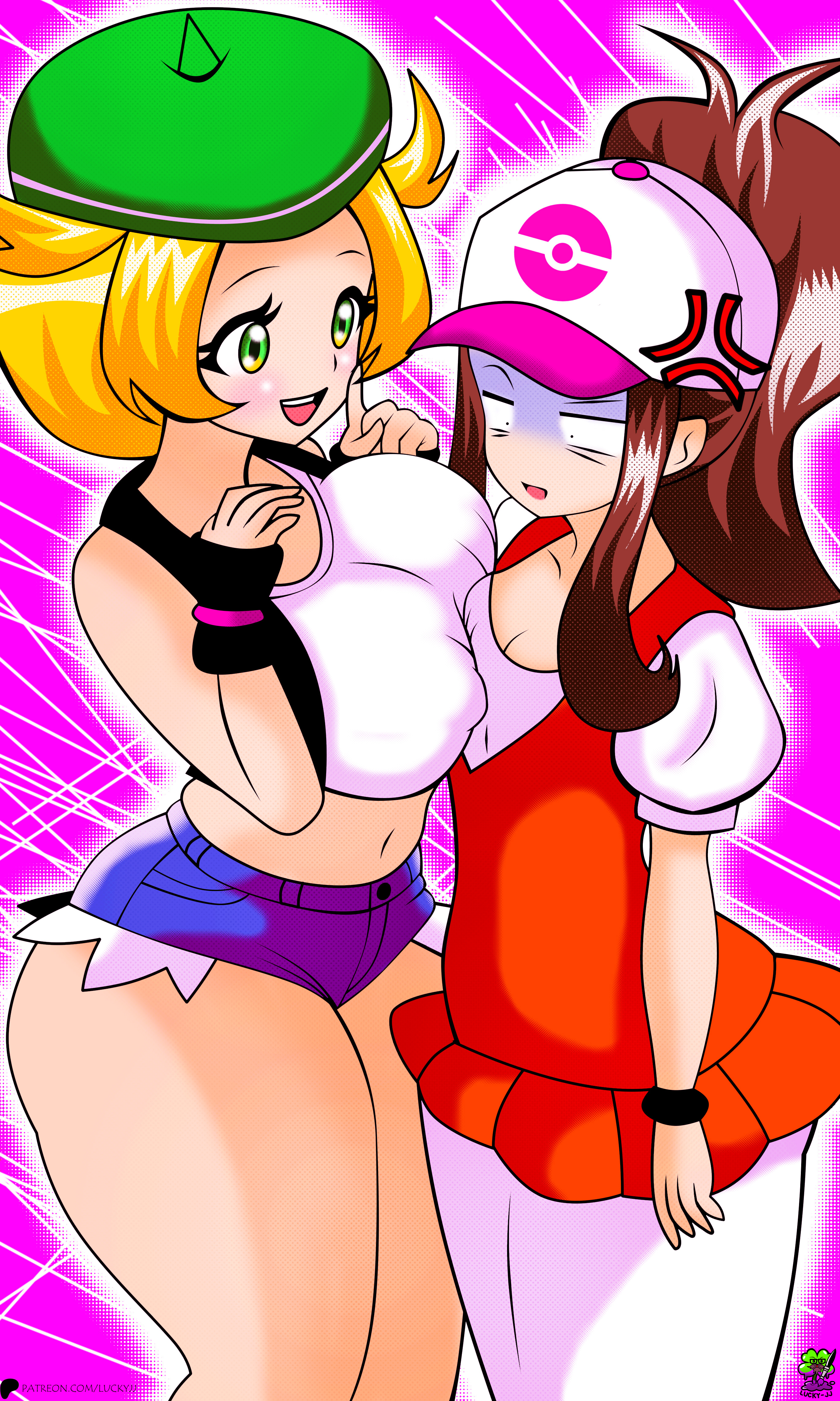 2girls, bianca (pokemon bw), bianca (pokemon), big breasts, breast envy, breast size difference, breasts, clothes swap, fanart, female, hilda (pokemon), lucky-jj, mogging, nintendo, outfit swap, pokemon, pokemon bw, simple background, swapped clothes, swapping